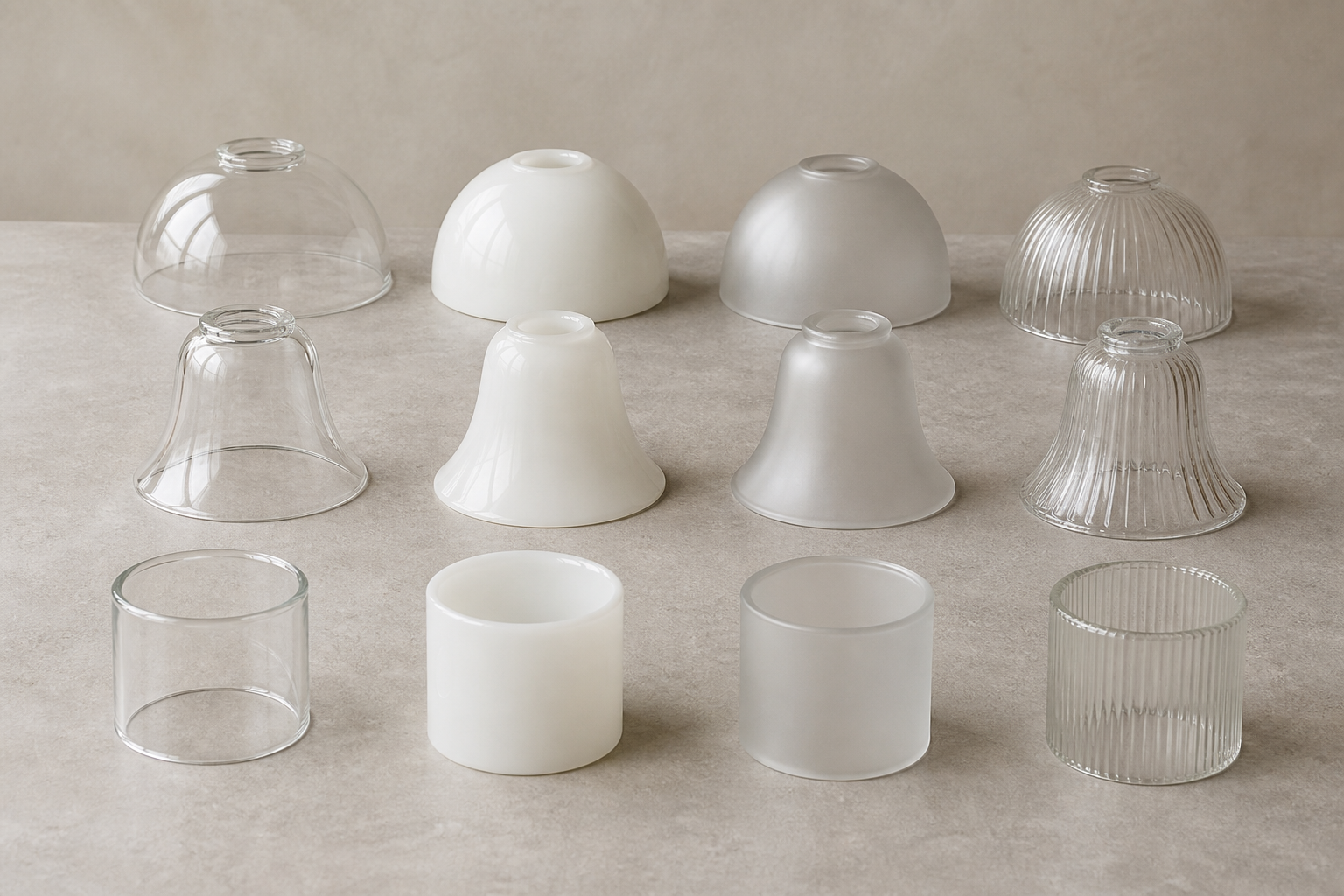 Clear, opal, frosted and subtle ribbed glass sconce samples in half-dome, bell and cylinder profiles on a neutral studio table