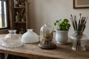 Several intact glass lamp shades reused as a cloche, cachepot and craft organizer on a practical workshop table
