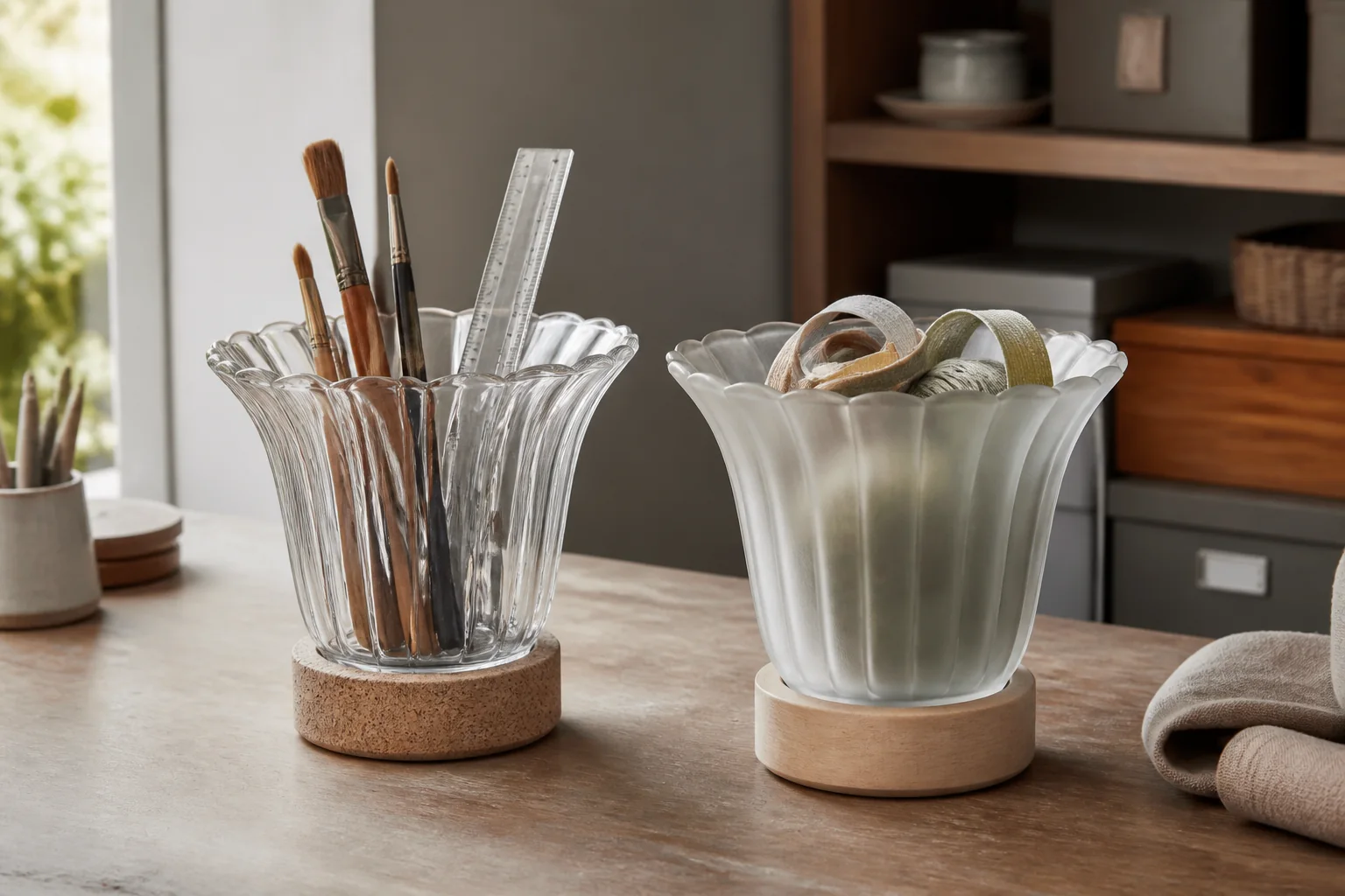 Deux abat-jours en verre cannelé posés sur des bases adaptées et réutilisés comme organisateurs de loisirs pour pinceaux, règles et rubans