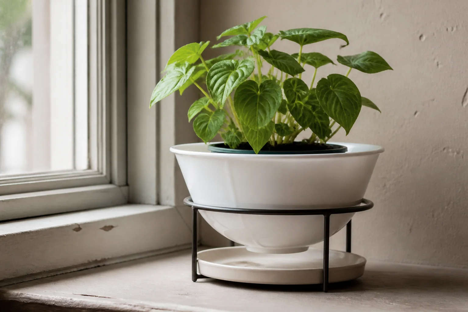 Un abat-jour en verre opale dans un support à anneau stable utilisé comme cache-pot extérieur avec un pot de pépinière amovible et une soucoupe