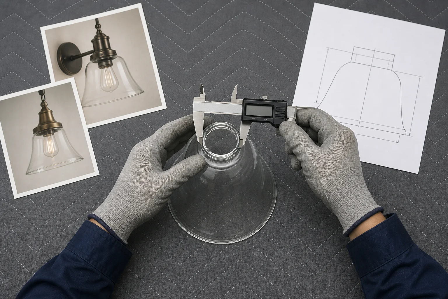 Un abat-jour en verre documenté pour remplacement avec un pied à coulisse, une règle, des photos du luminaire et un croquis des dimensions