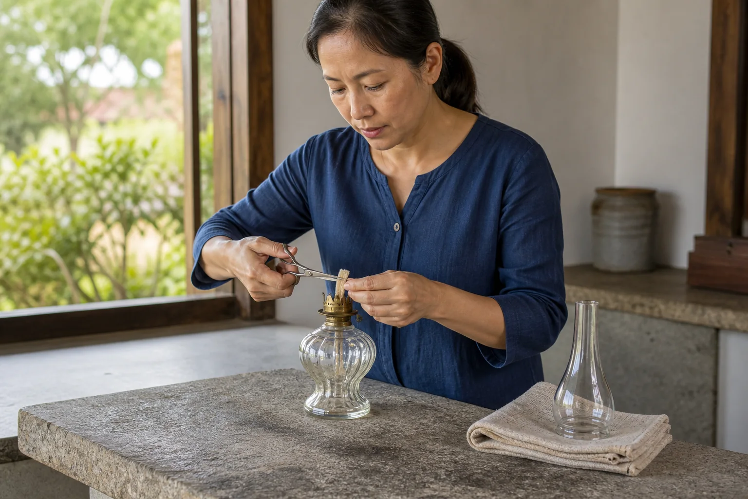 An adult trimming a flat cotton oil lamp wick while the lamp is unlit and the glass chimney rests safely beside it