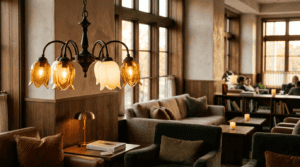 Beautiful glass lampshade hanging in a cozy cafe setting.