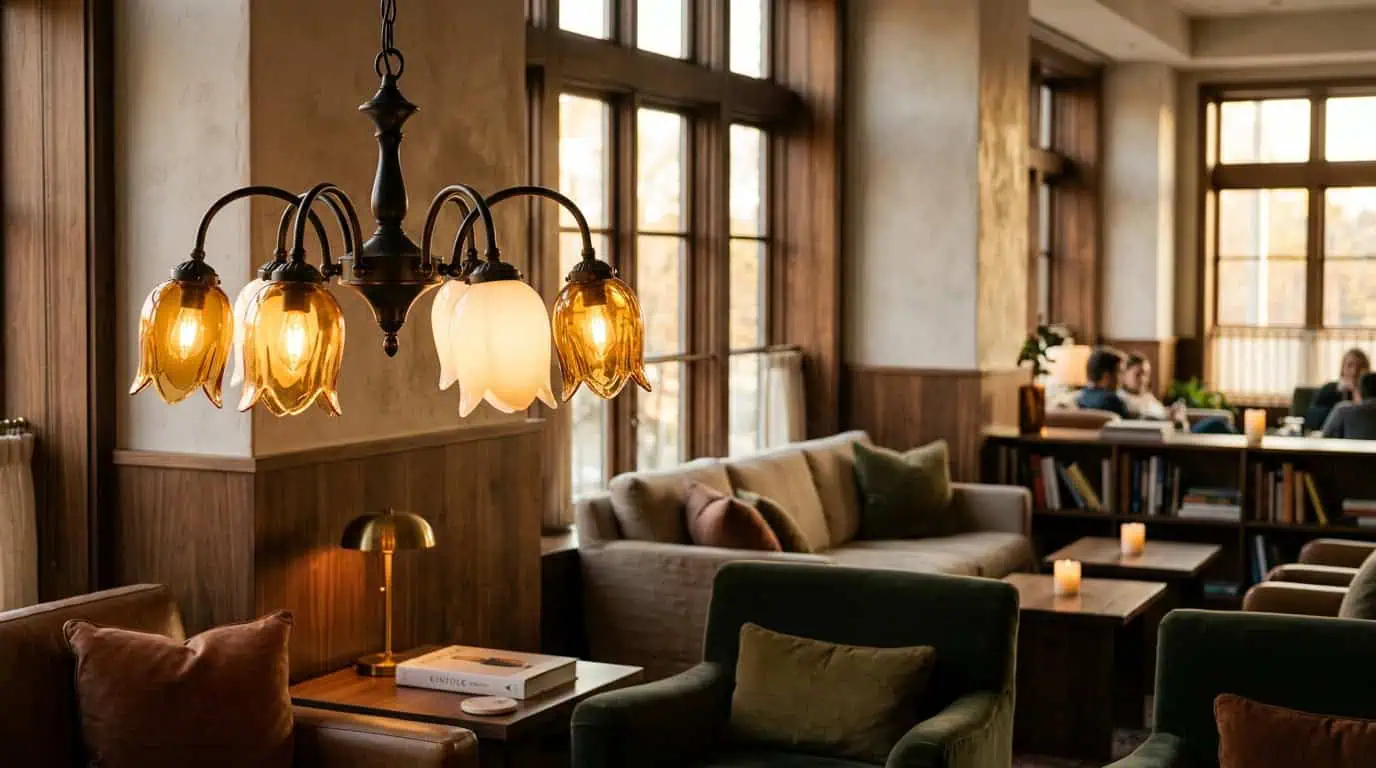Beautiful glass lampshade hanging in a cozy cafe setting.