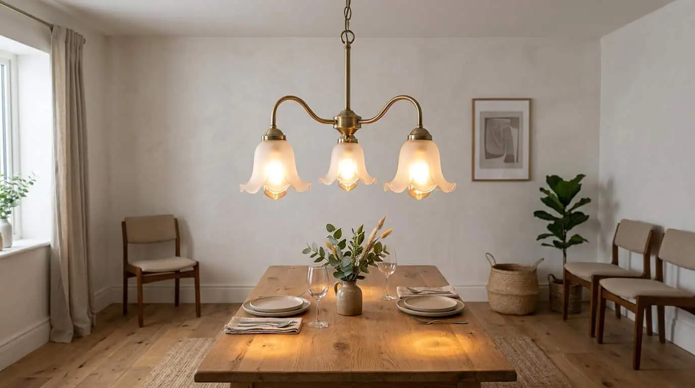 Vintage glass chandelier hanging above dining table in modern home.