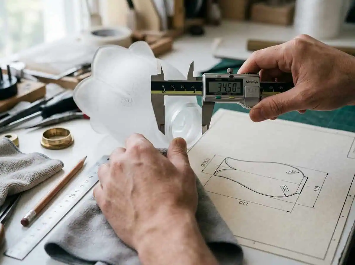 Craftsman measuring a glass lampshade with digital caliper for quality control.