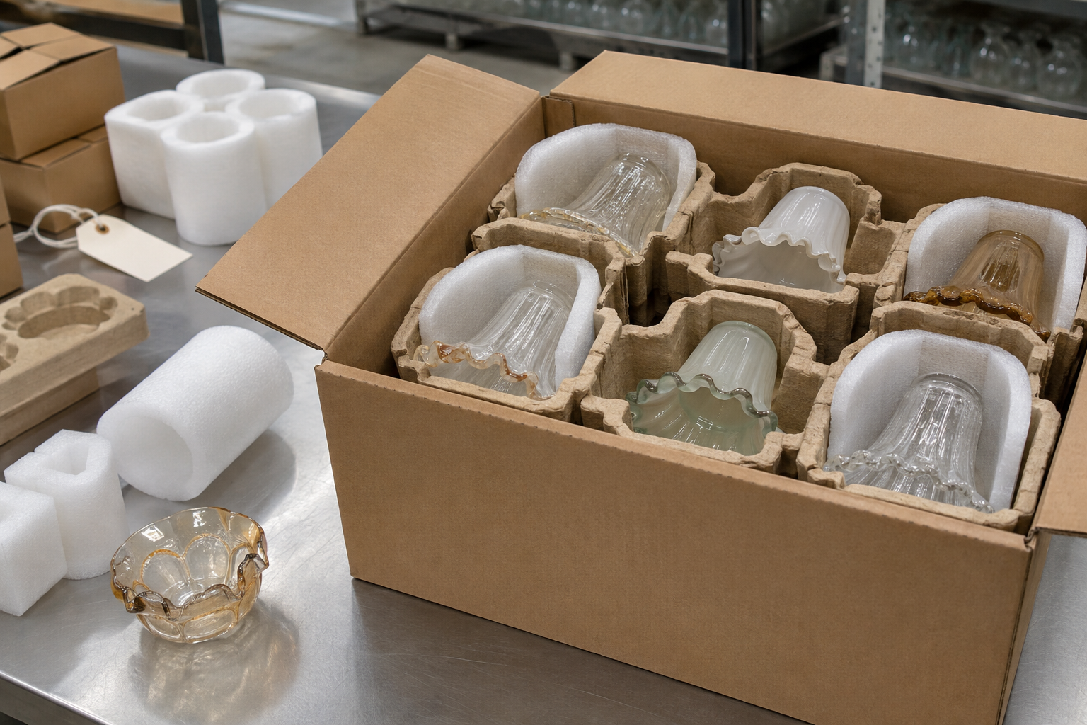 Export cartons with molded separators, foam sleeves and inner boxes protecting Art Nouveau glass lamp shades