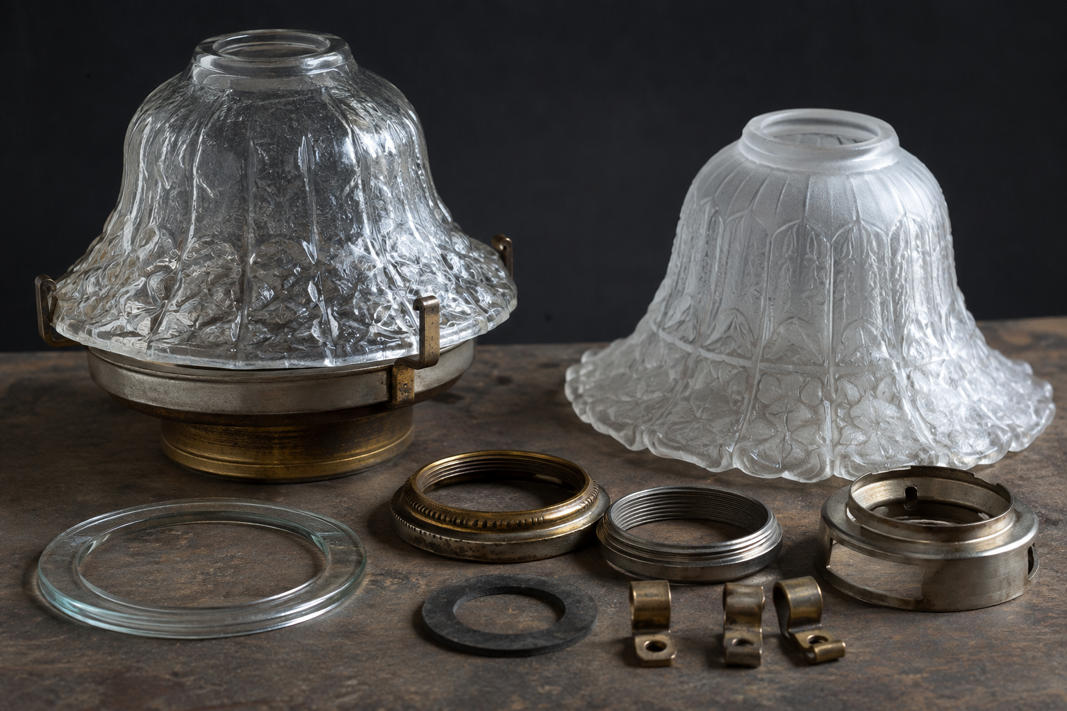 Art Nouveau glass shade rims, retaining rings, clips and holder interfaces arranged for a fit review
