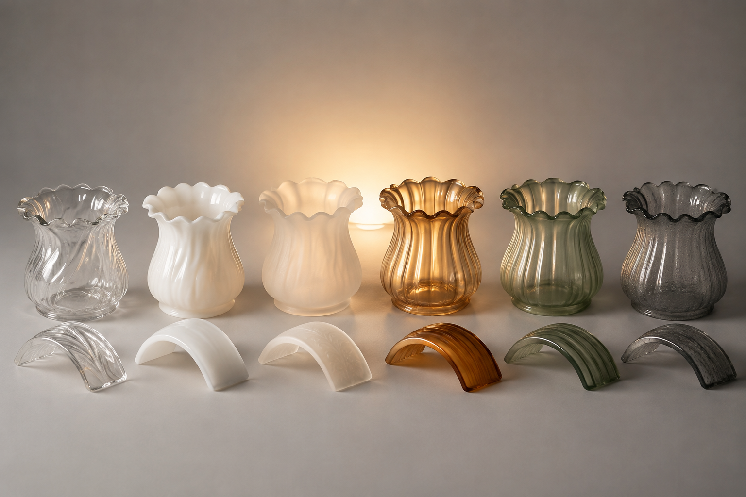 Clear, opal, frosted, ribbed, seeded and softly coloured glass samples comparing light transmission for an Art Nouveau lamp collection