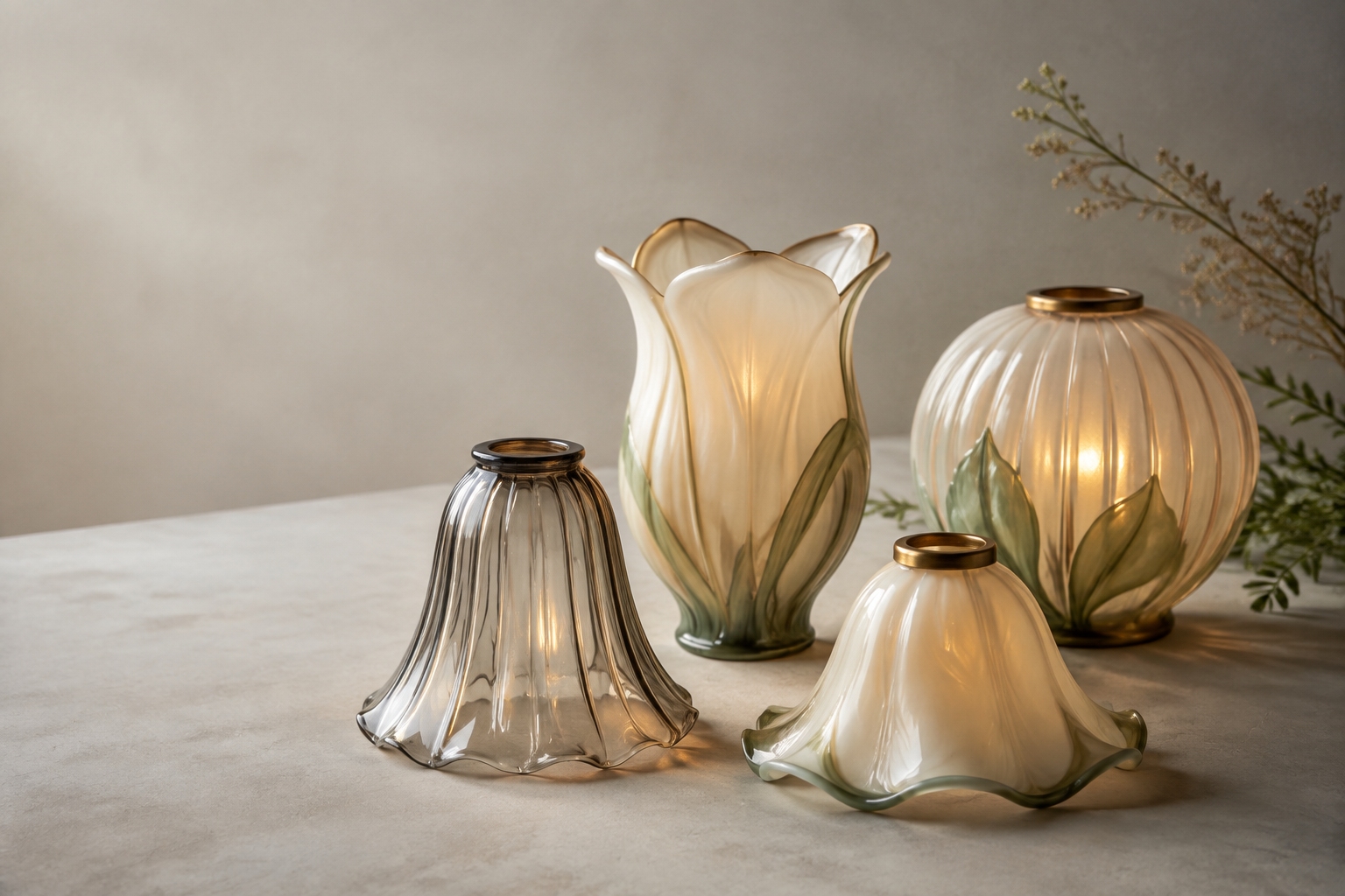 Art Nouveau inspired glass lamp shade prototypes with curved botanical profiles arranged on a neutral design table