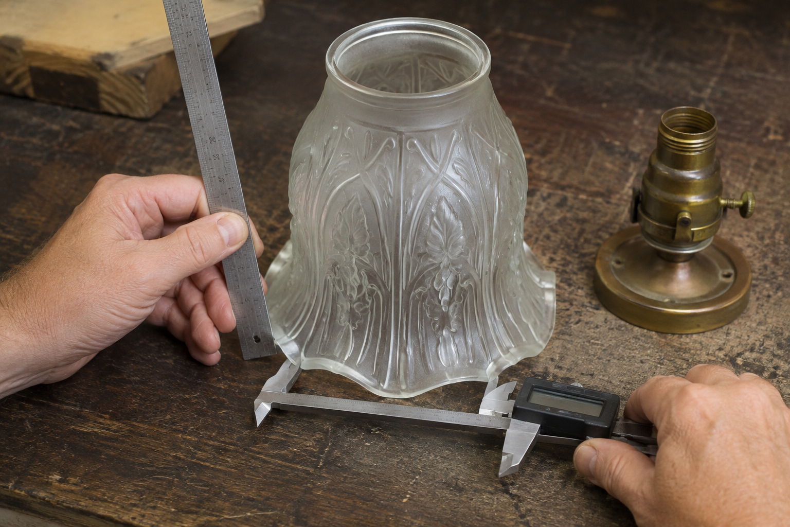 Digital caliper and steel ruler measuring the lower opening, wall thickness and seated height of an Art Nouveau glass lamp shade