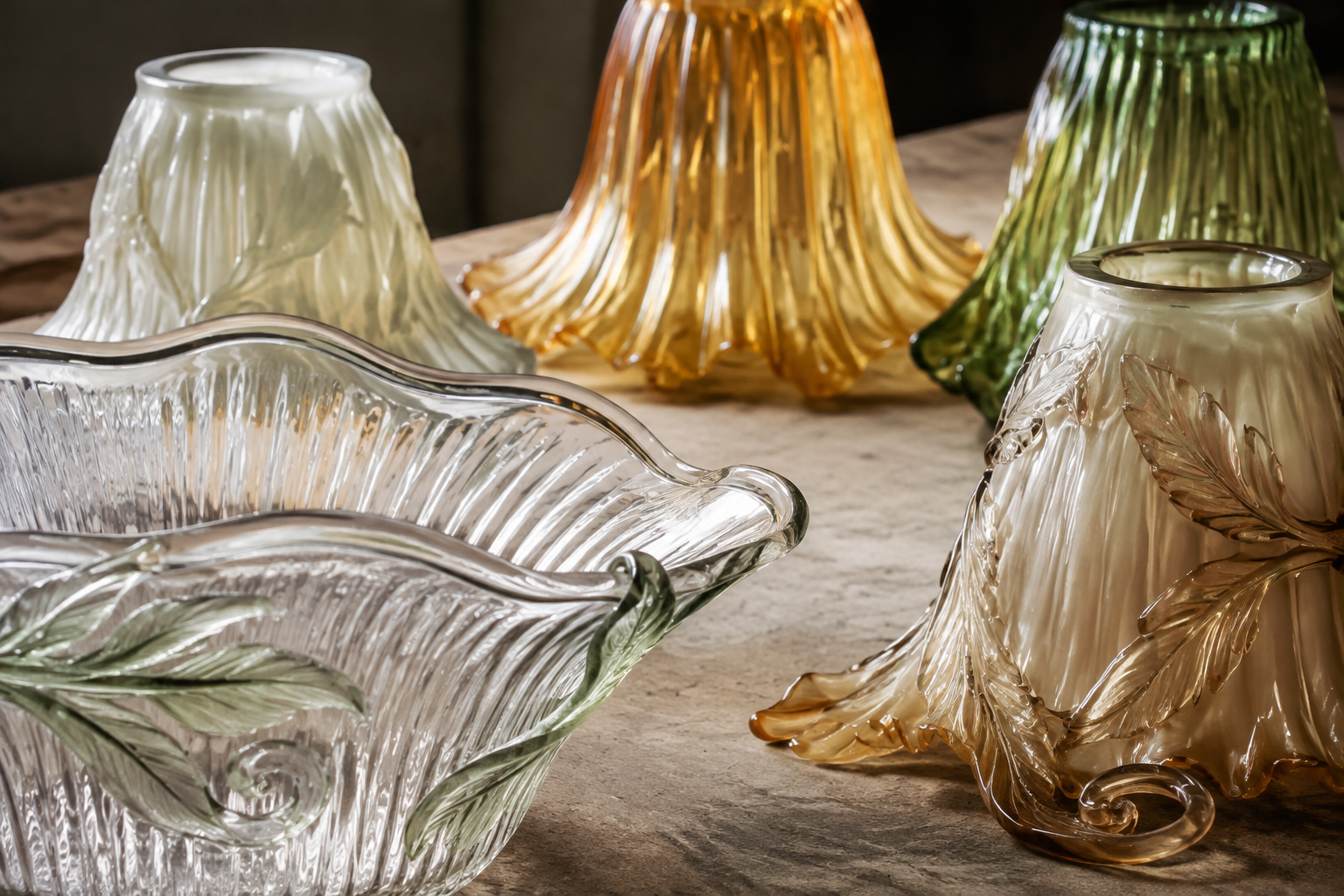 Close study of botanical curves, petal rims, leaf relief and flowing ribs on Art Nouveau glass shade prototypes