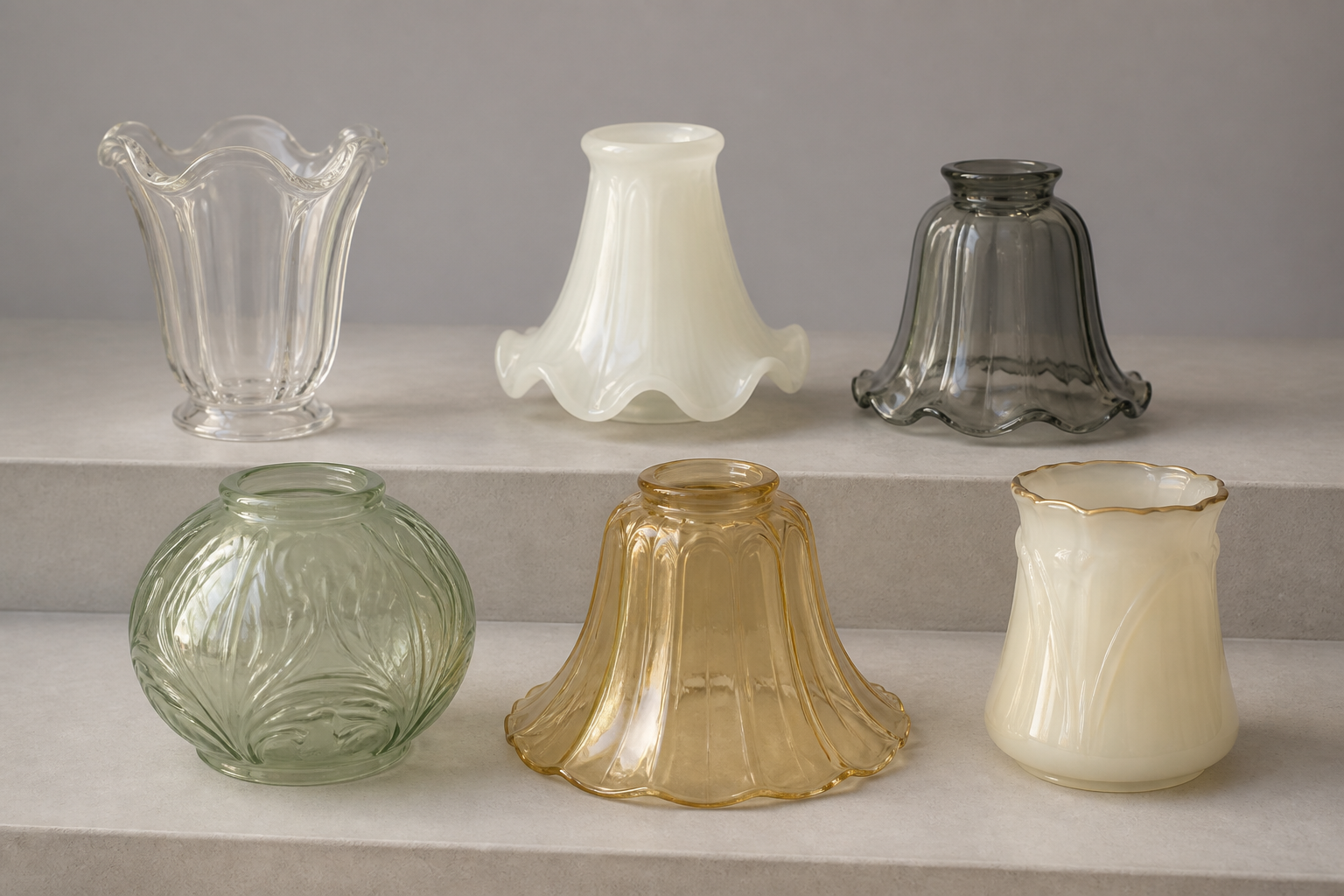 Tulip, bell, globe, flared dome and shaped cylinder Art Nouveau inspired glass shade profiles displayed side by side