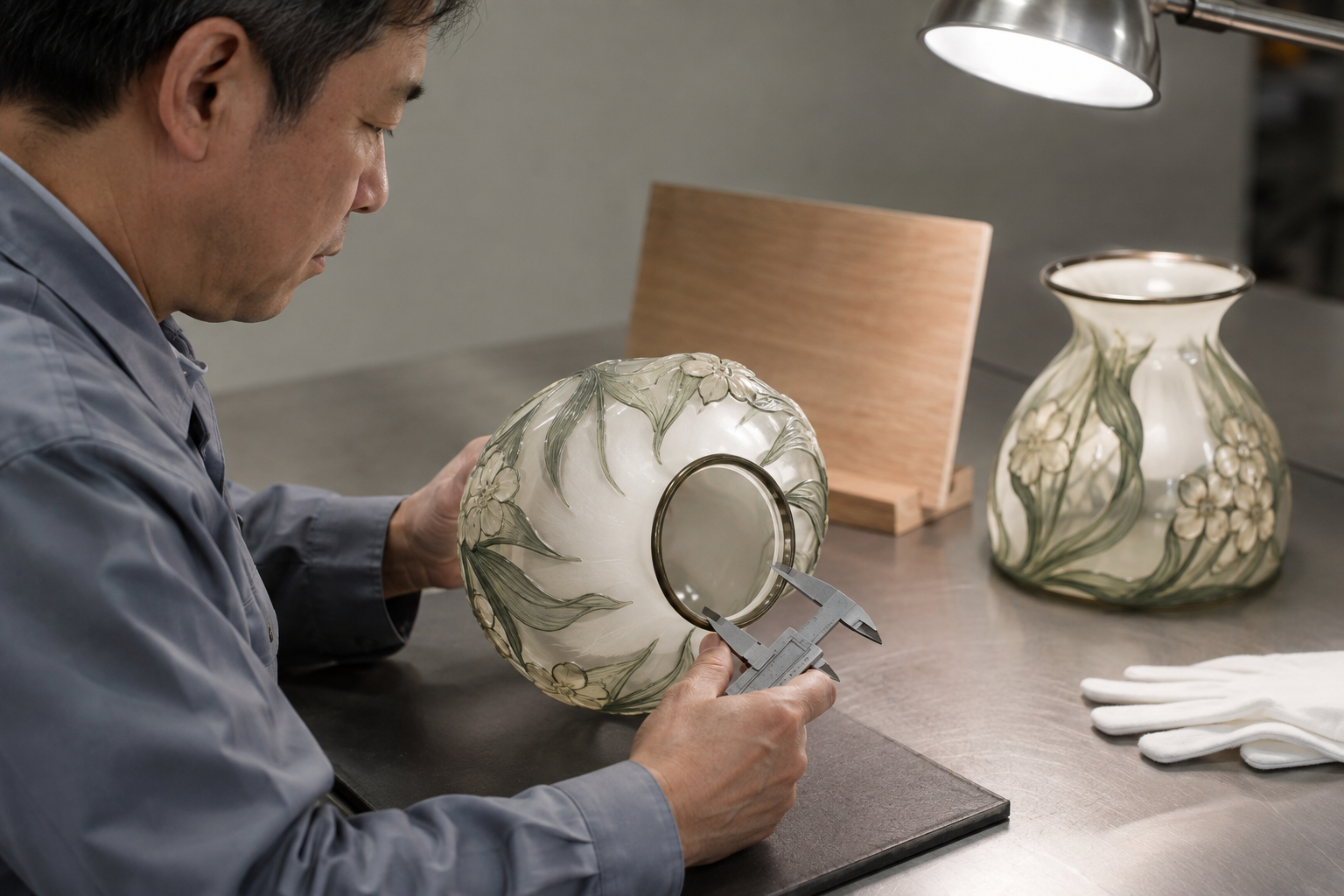 Asian quality inspector checking an Art Nouveau glass shade rim, surface finish and fitter opening with a caliper and inspection light