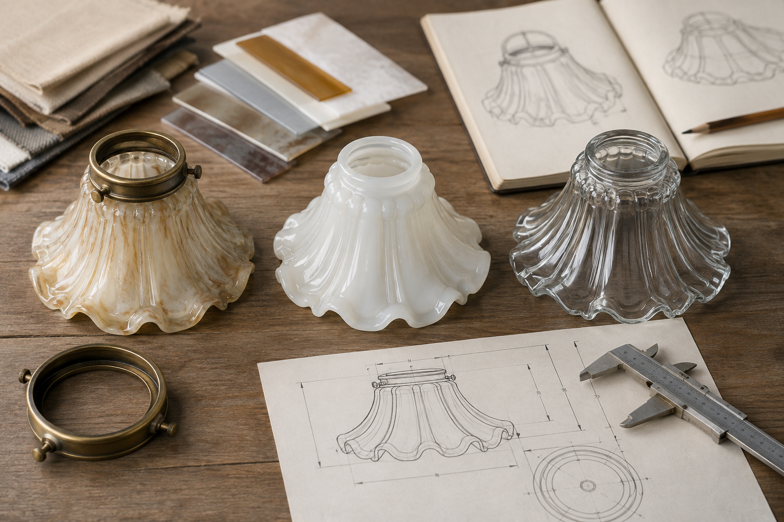 Replacement glass shade, catalog sample and custom OEM prototype showing three sourcing routes for an Art Nouveau lamp