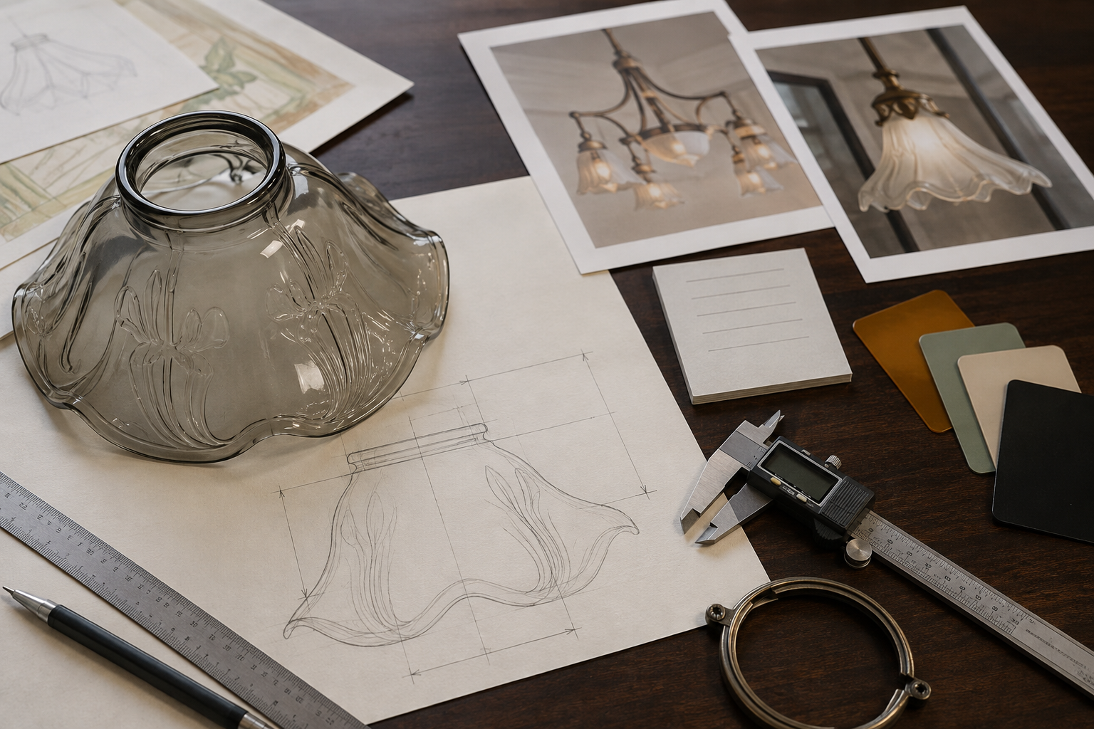 Procurement desk with Art Nouveau glass shade sample, dimensioned drawing, finish chips, fixture photos and an RFQ checklist