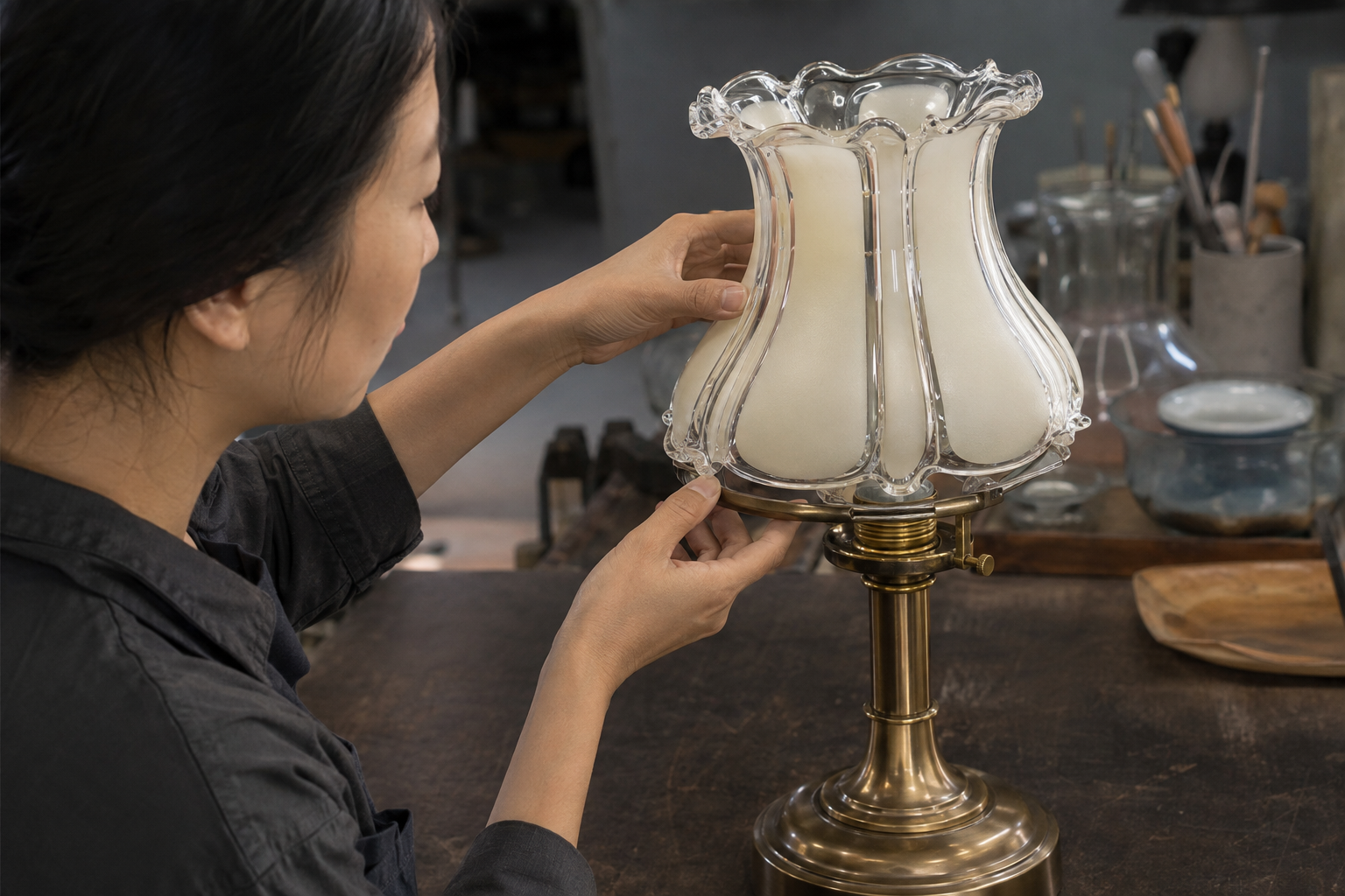 Asian product developer test-fitting an Art Nouveau inspired glass shade on a metal lamp assembly with the rim and holder visible