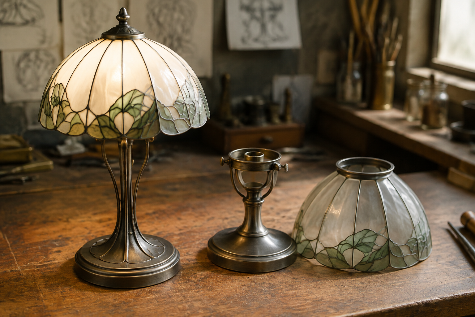 Complete Art Nouveau inspired table lamp beside a separate glass shade, metal holder and retaining ring on a workbench