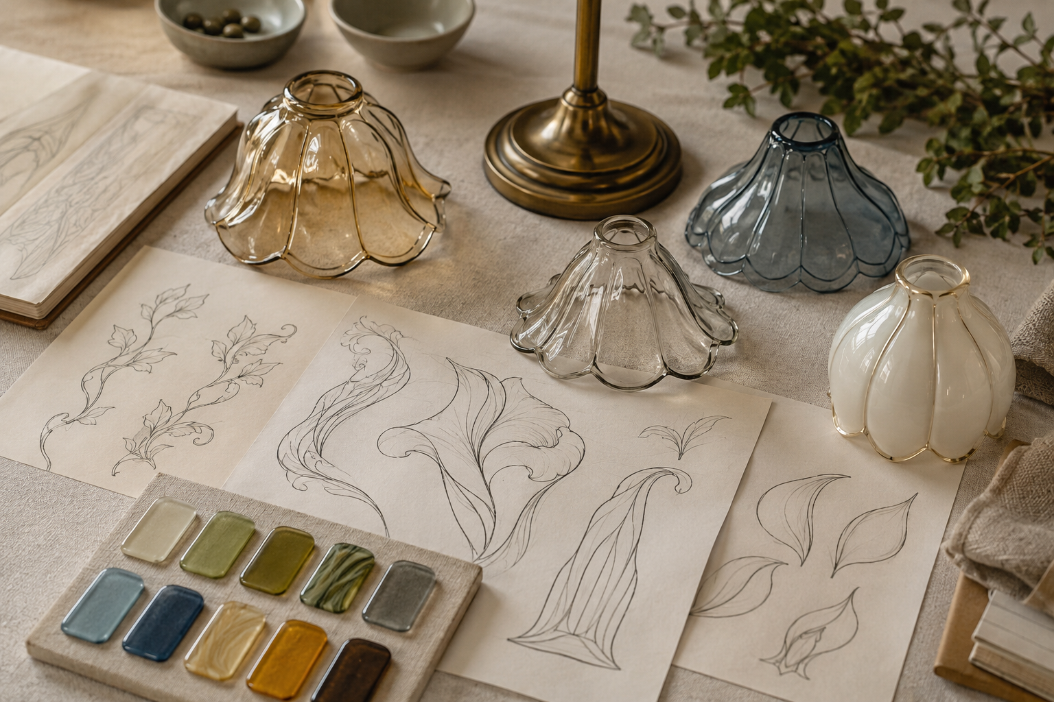 Visual reference board with organic curves, botanical details, glass colour chips and a neutral lamp base for an Art Nouveau design brief