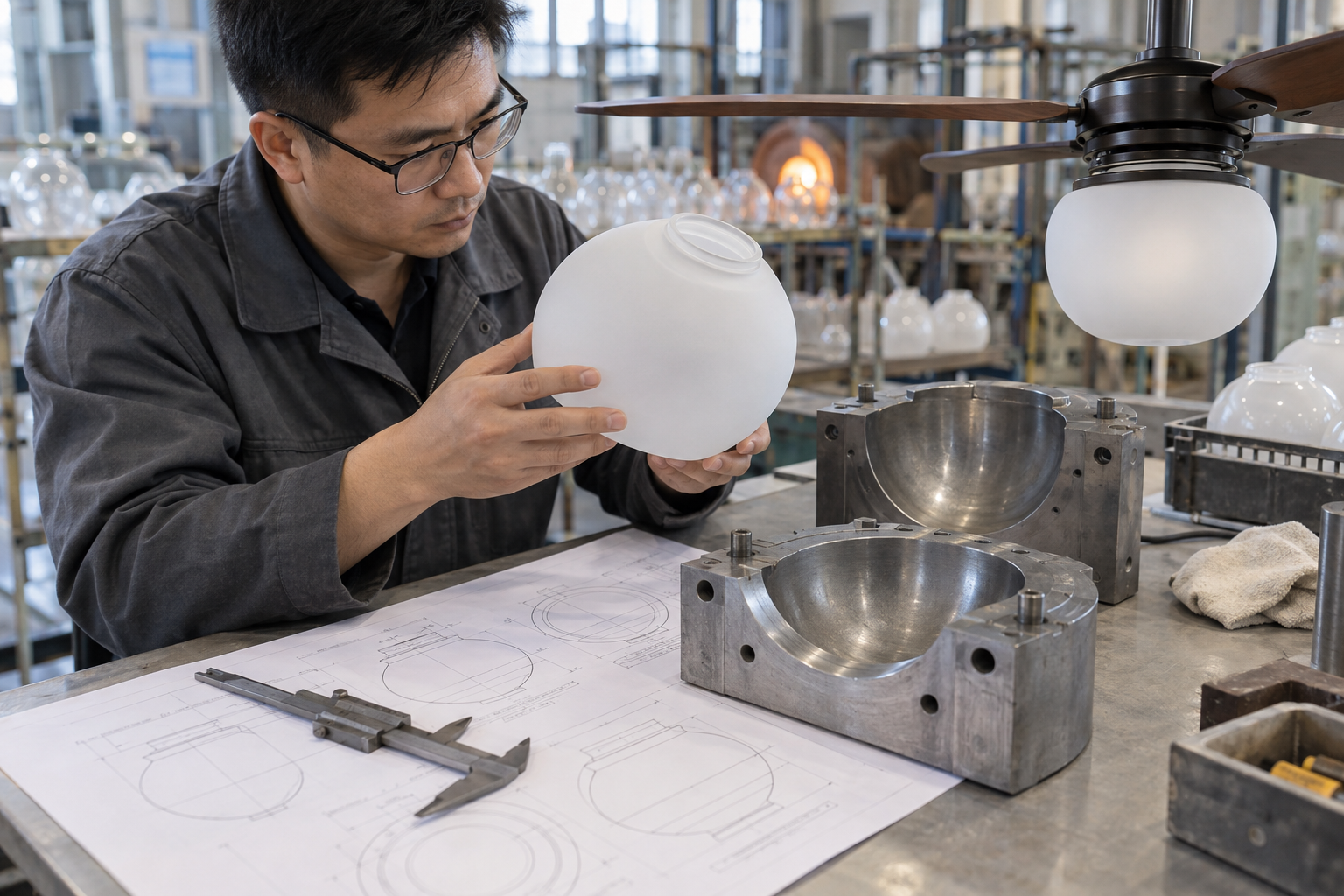 Ingegnere dell'illuminazione asiatico che esamina uno stampo personalizzato per globo di ventilatore da soffitto di ricambio accanto a un campione di profilo