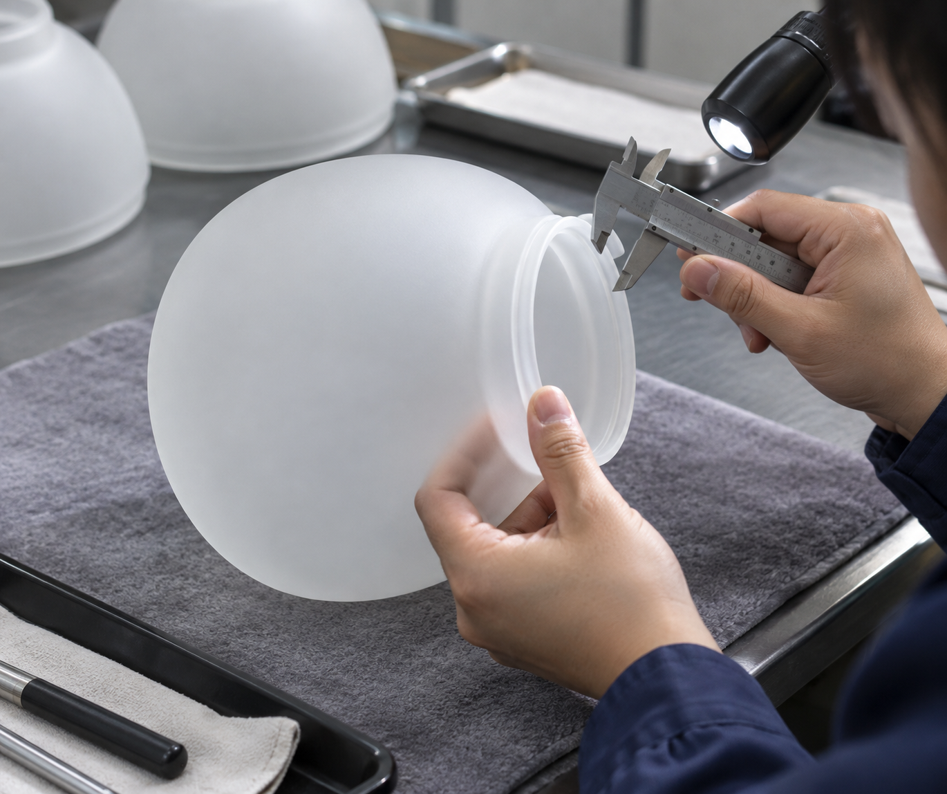 Tecnico della qualità che ispeziona il bordo molato e lucidato di un paralume di vetro di ricambio per globo di ventilatore da soffitto