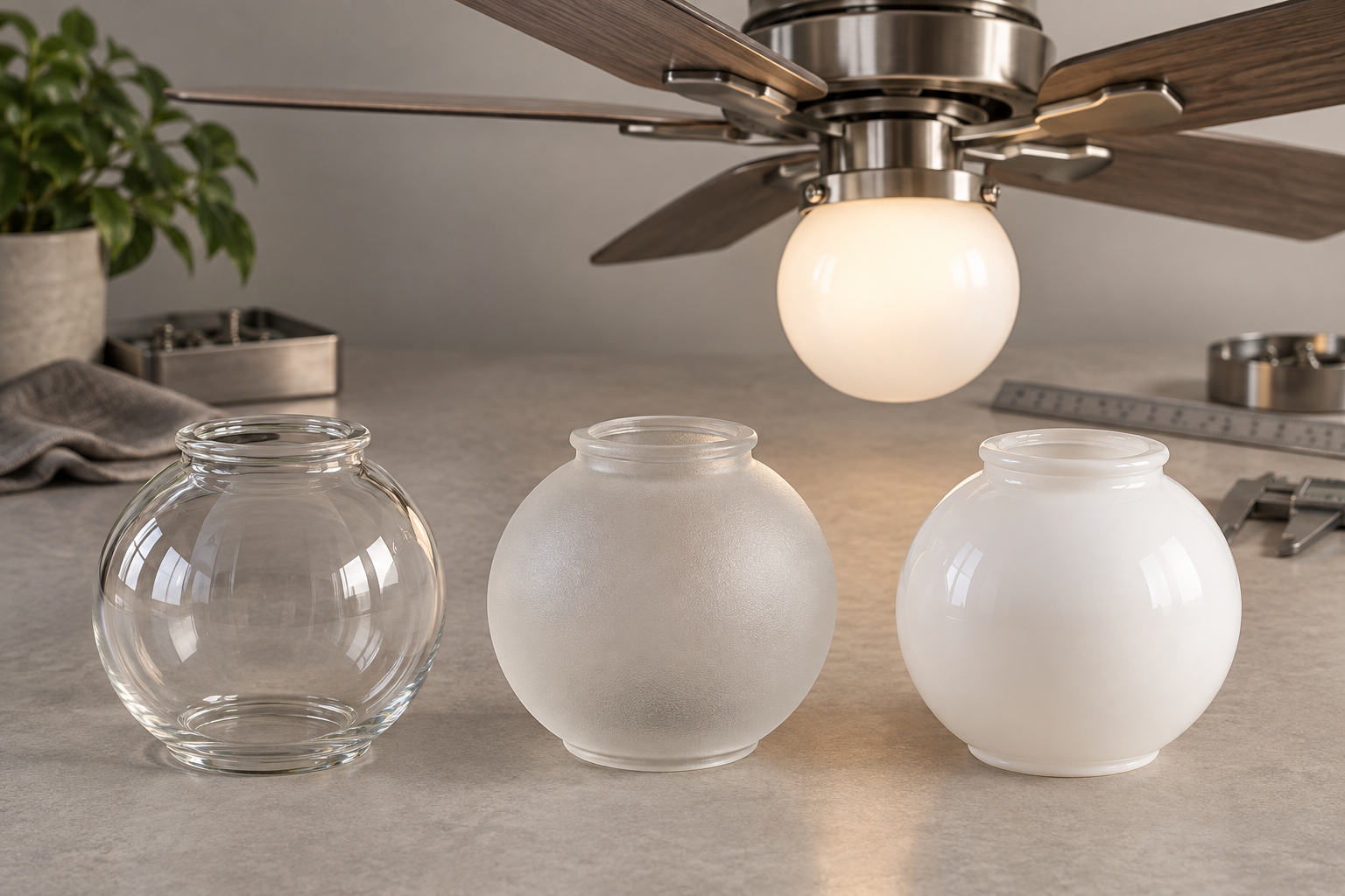 Sostituzione di ciotole di vetro per globi di ventilatori da soffitto in finiture trasparenti, satinati e opachi su un apparecchio luminoso non marchiato