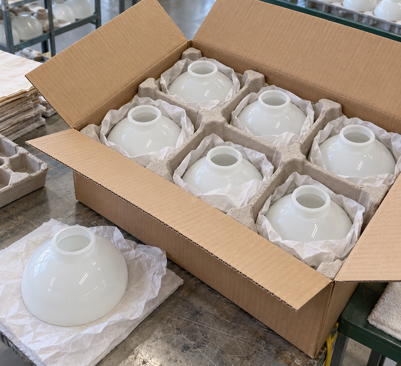 Sostituzione del globo del ventilatore da soffitto con paralumi in vetro separati da cuscinetti modellati all'interno di un cartone per l'esportazione