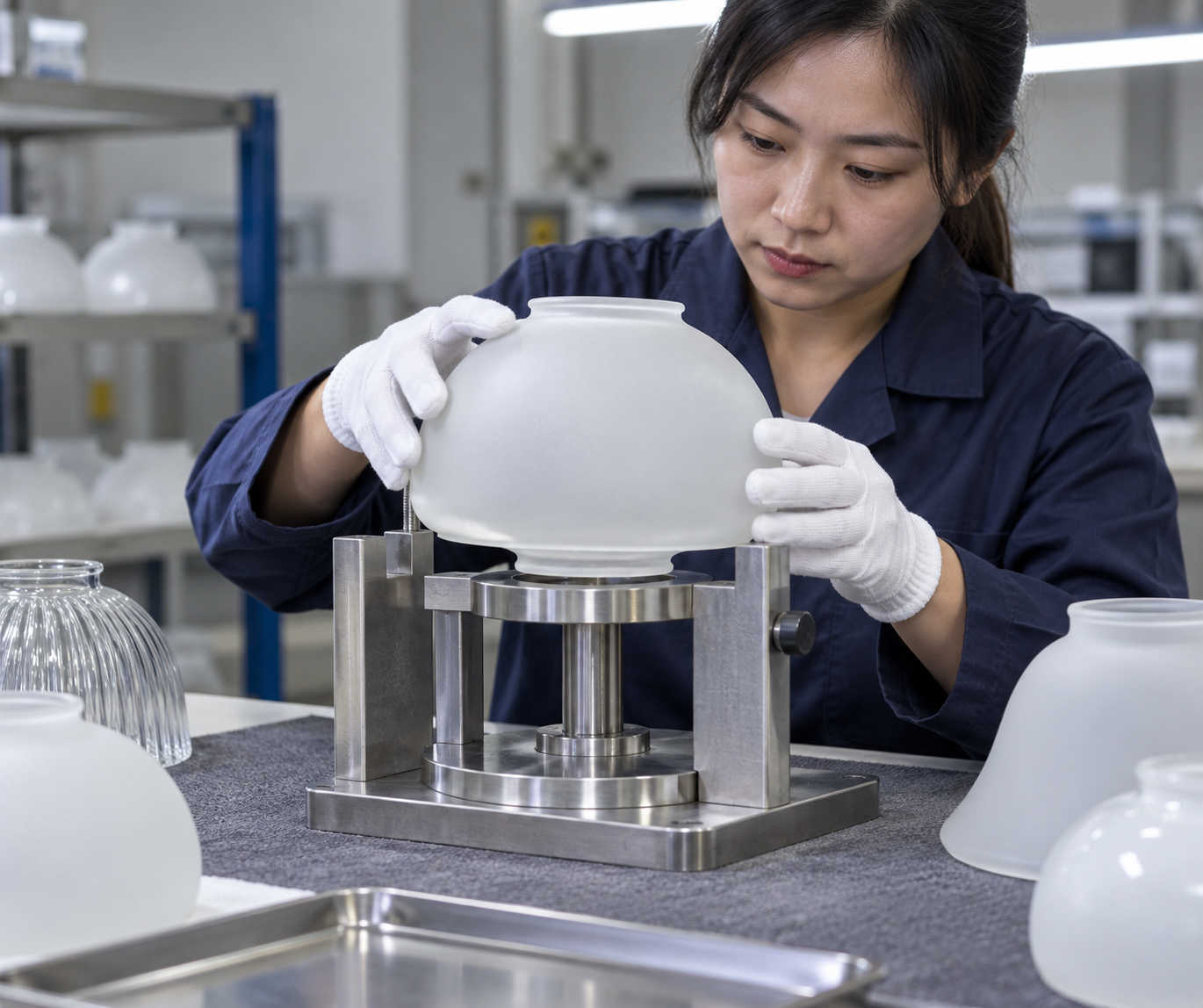 Ispettore della qualità che controlla le dimensioni del globo di ricambio per ventilatore da soffitto su un calibro neutro per apparecchi metallici