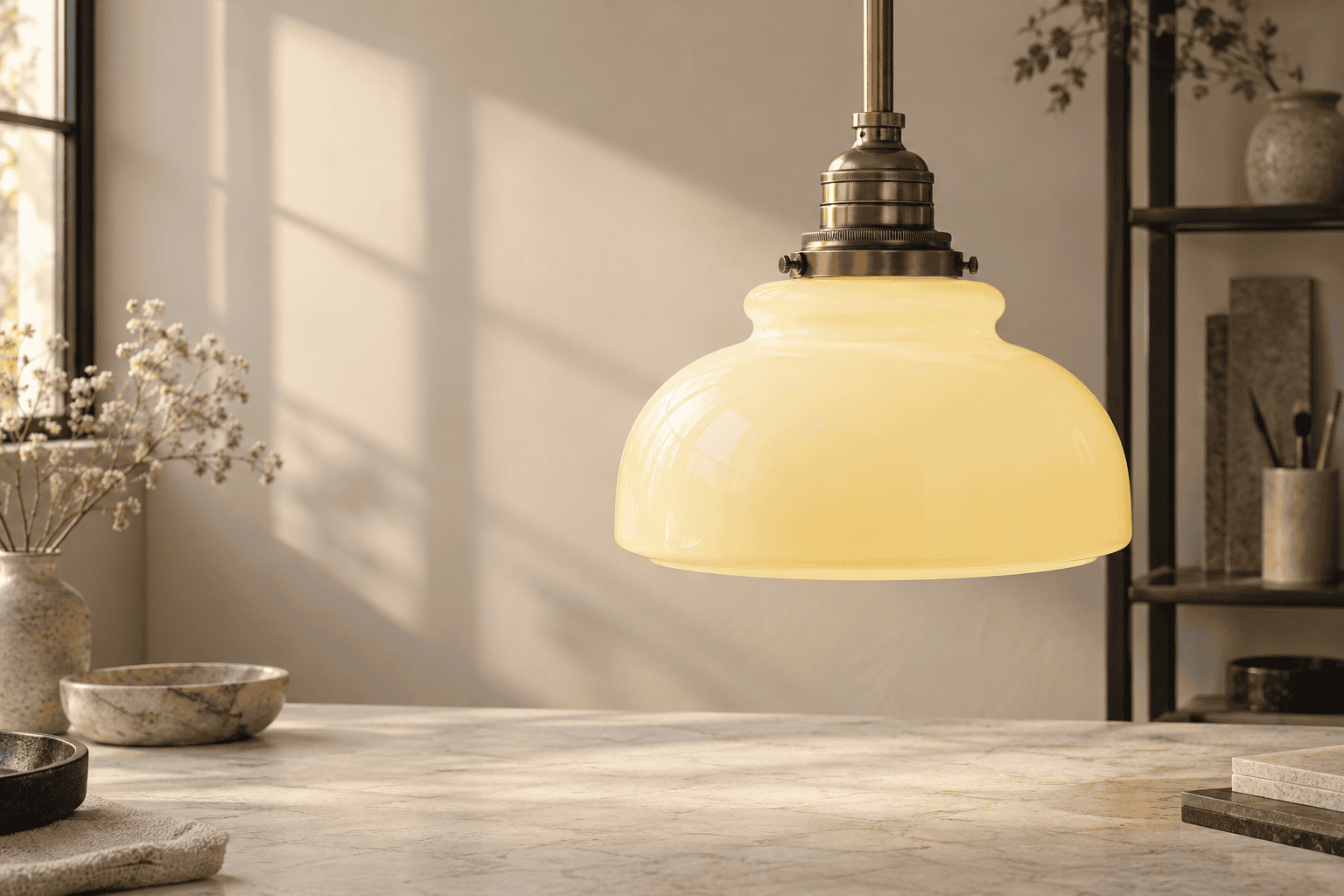 Paralume in vetro moderno sospeso in un ambiente interno elegante.