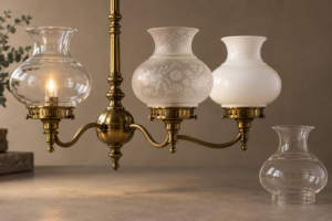 Paralumi in vetro per lampade a gas con finiture trasparenti incise e opaline su bracci di apparecchi in stile storico