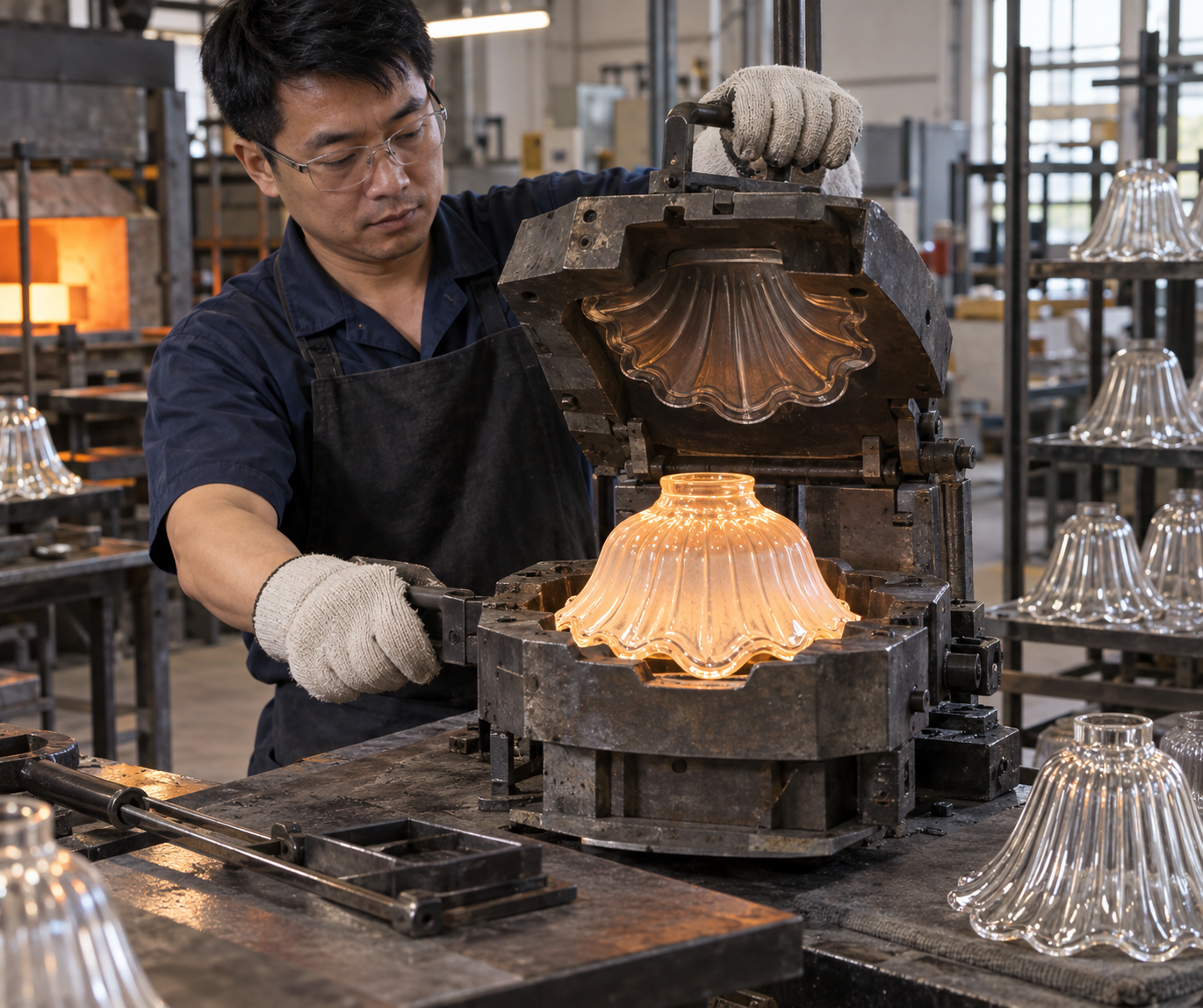 Tecnico del vetro asiatico che forma un campione di paralume gasolier in uno stampo metallico