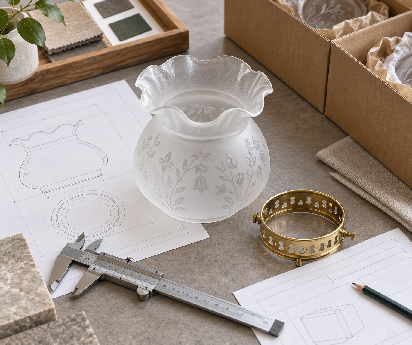 Spazio di lavoro per richieste di offerta OEM con un campione di paralume in vetro per gasoliera, anello per galleria, calibro e disegno del profilo vuoto