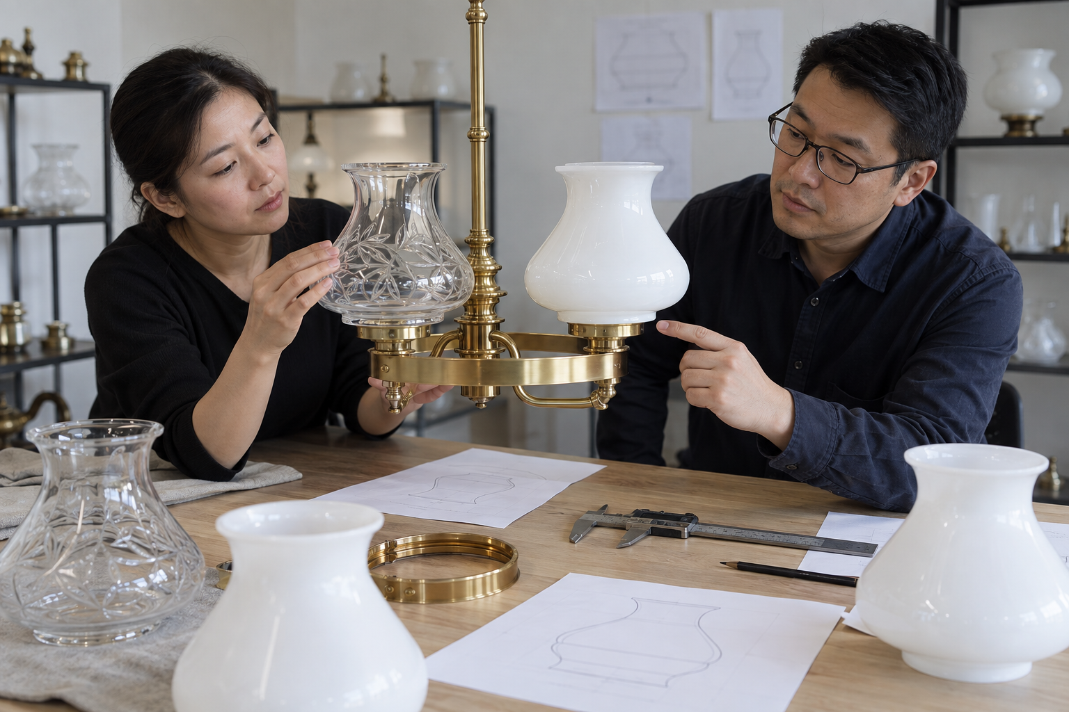 Acquirente e fornitore di illuminazione asiatici che esaminano campioni di paralume per gasoliera in vetro inciso trasparente e opalino su un modello di galleria in ottone
