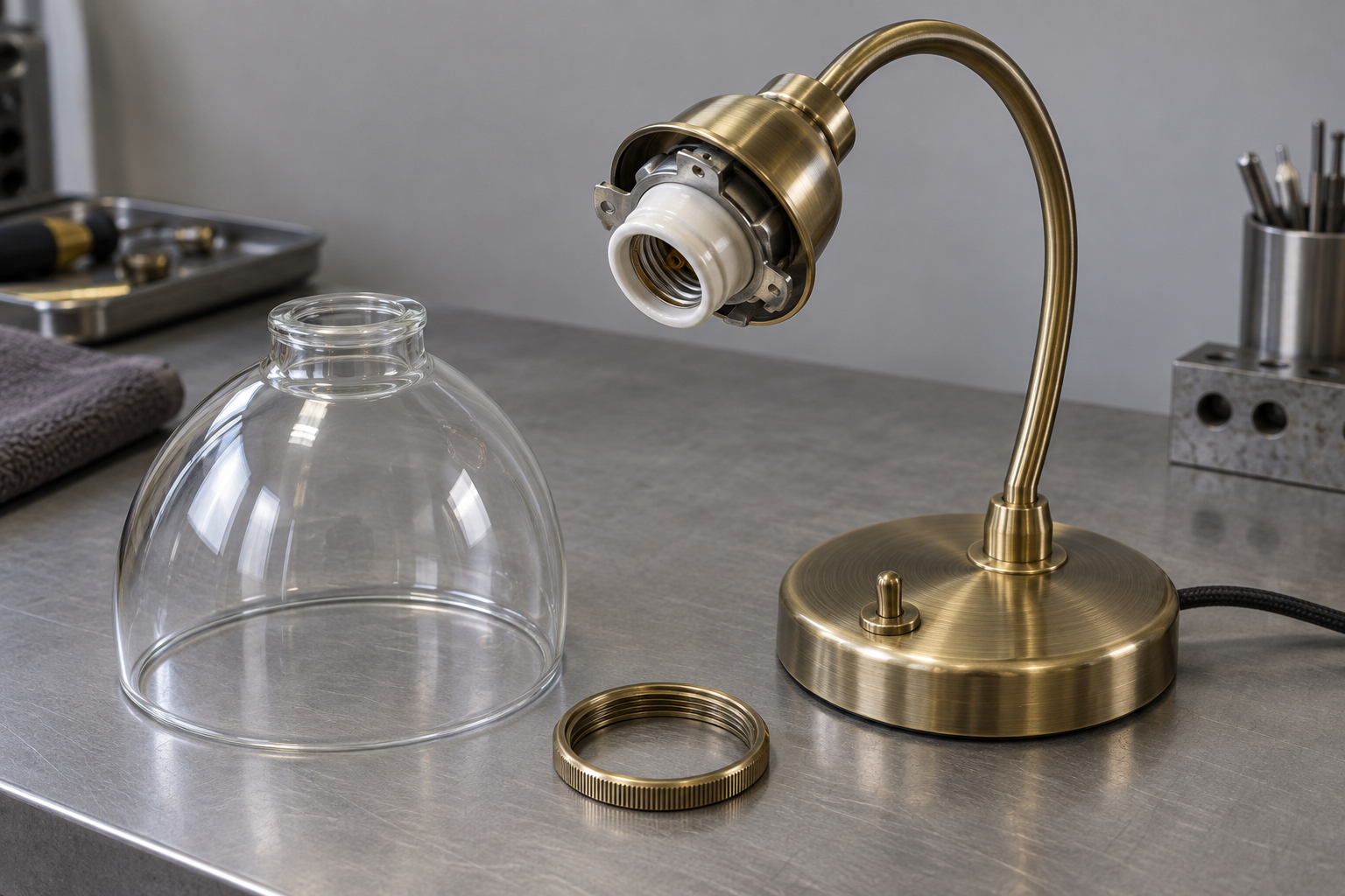 Lampada da scrivania senza marchio con paralume in vetro rimosso che mostra il portalampada, l'anello di fissaggio, il braccio e lo spazio di sicurezza