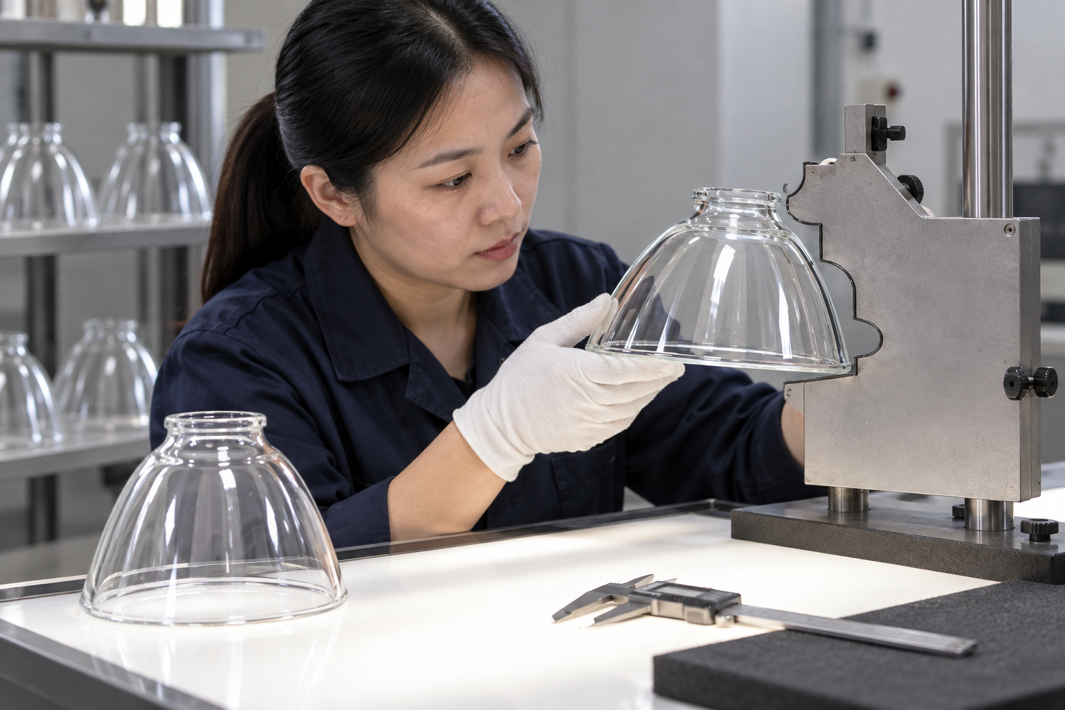 Ispettore della qualità che controlla un paralume in vetro per lampada da scrivania con un calibro di profilo e un tavolo luminoso con un campione e un calibro nelle vicinanze