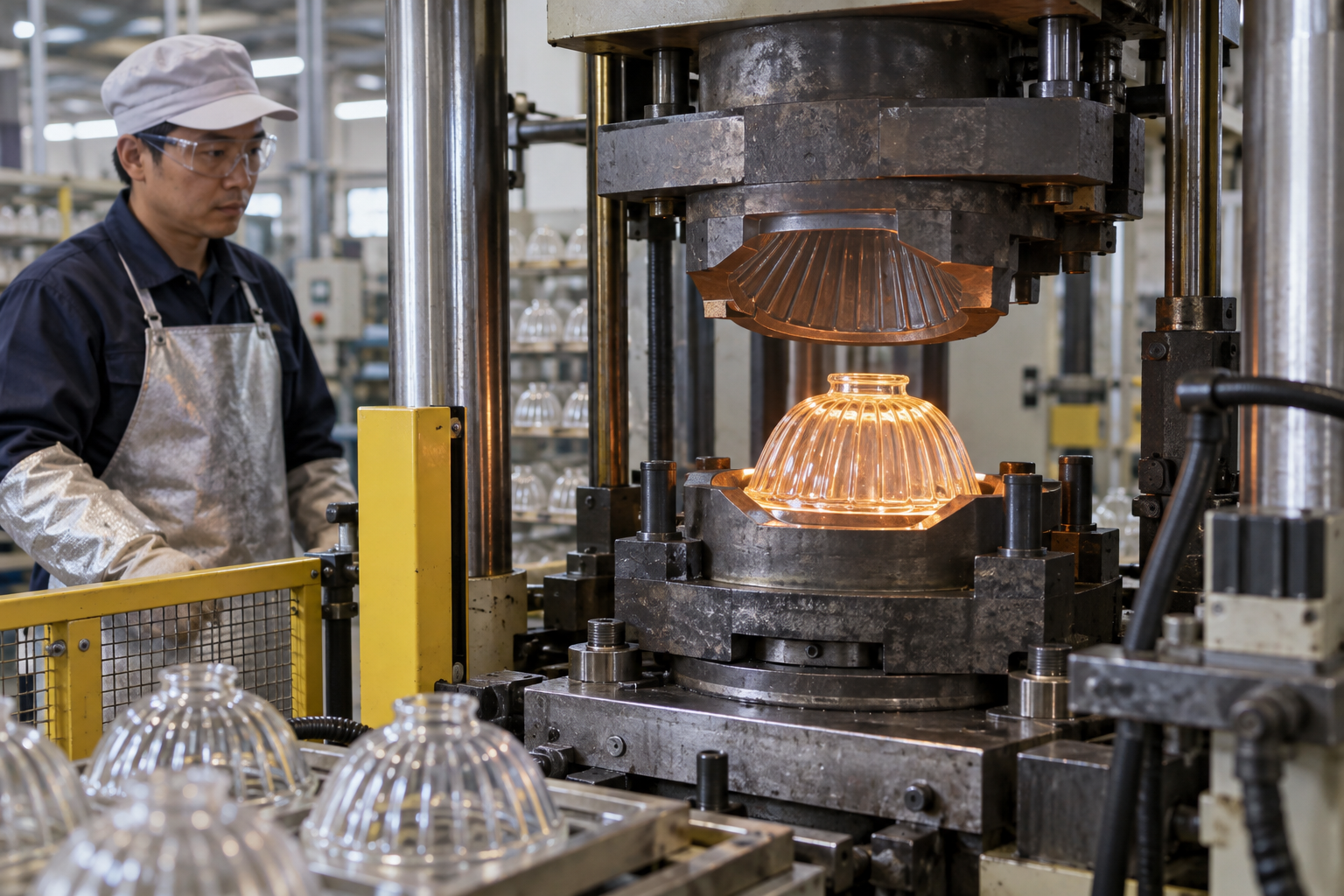 Stazione industriale di pressatura del vetro che forma un paralume compatto per lampada da scrivania in uno stampo metallico con un tecnico che controlla il processo