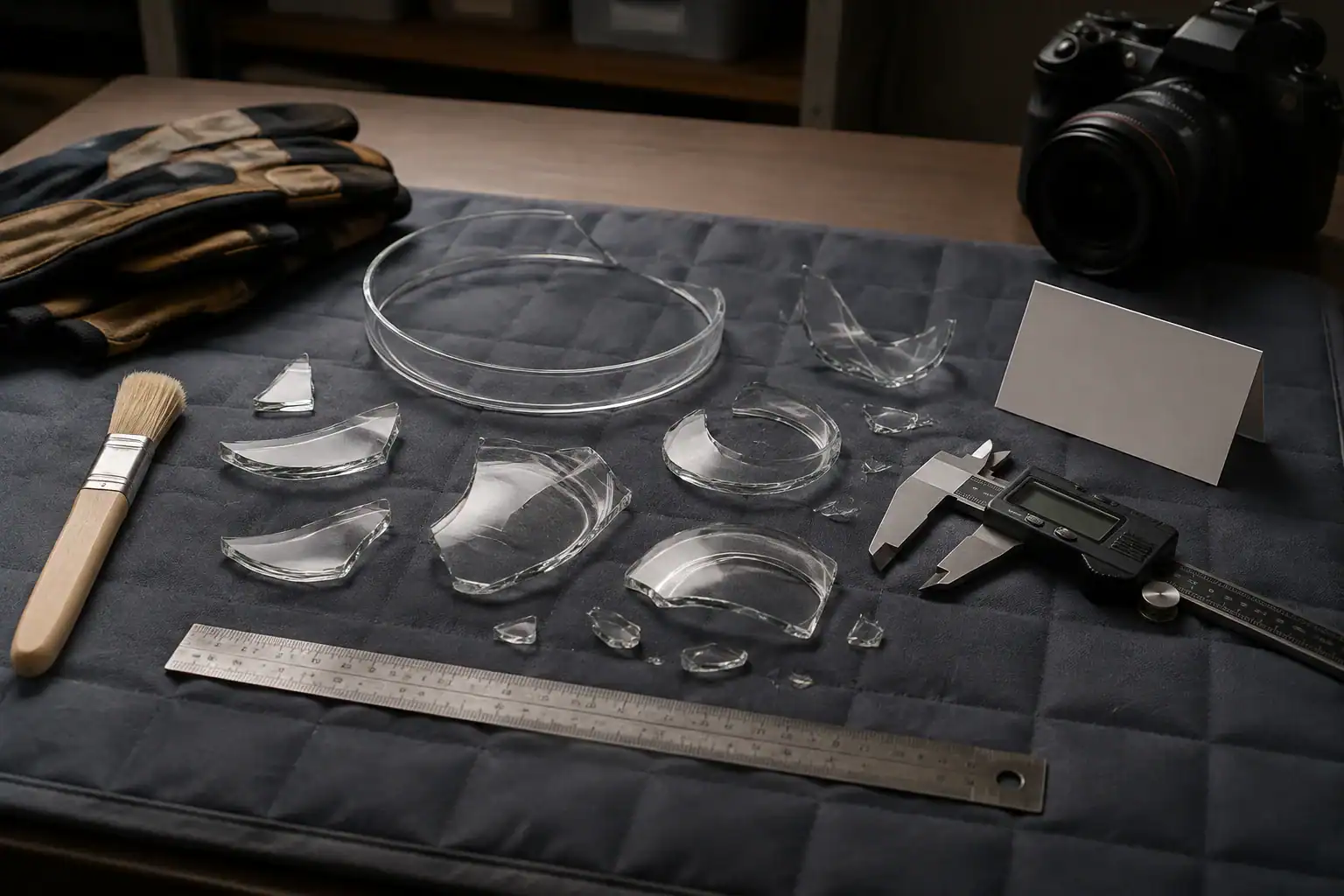 Glass lampshade manufacturing tools and glass samples on work table.