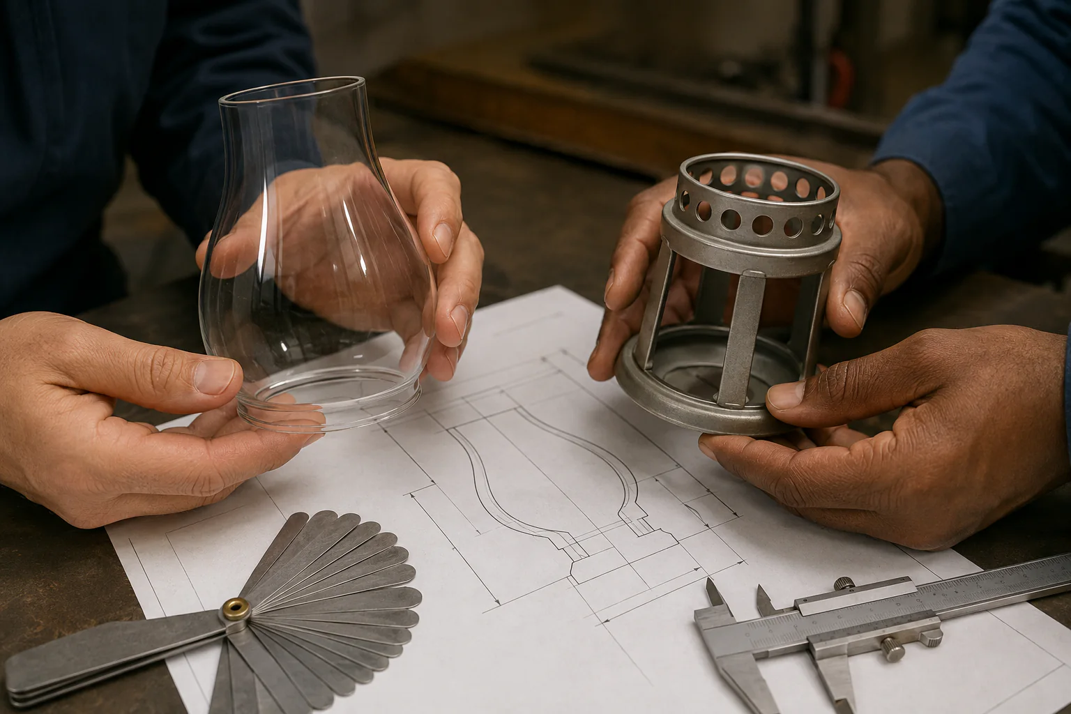 Technician comparing a lantern glass profile drawing, reference sample, holder, and gauges during a custom review