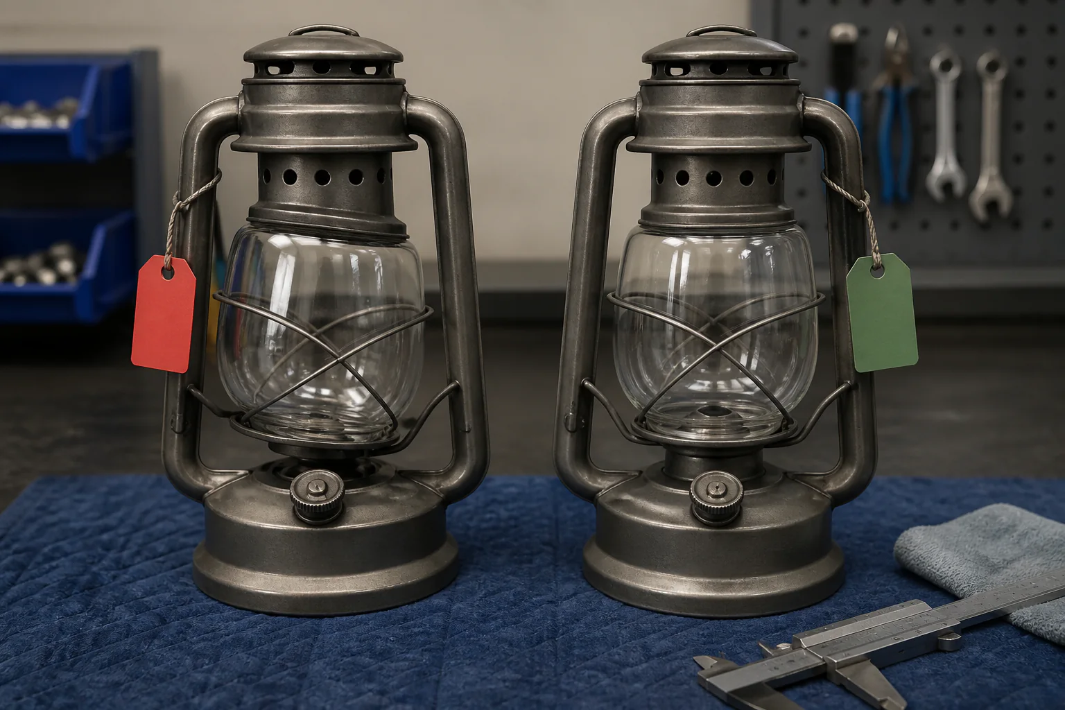 Pair of vintage metal lanterns with glass enclosures for lighting.