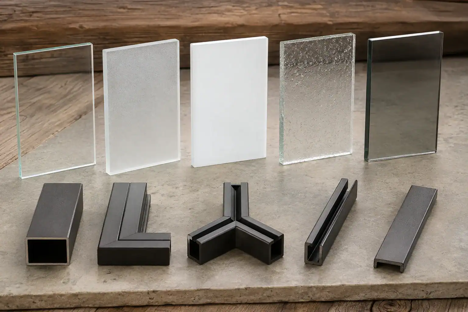 Assorted glass and metal samples for lampshade manufacturing.