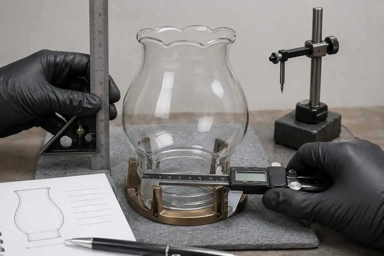 Glass lampshade being measured and inspected in a workshop.