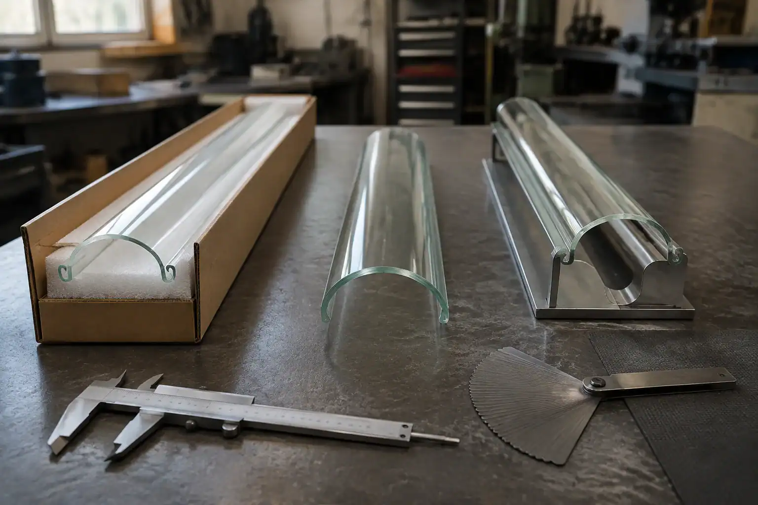 Glass lampshade parts and tools for manufacturing process.