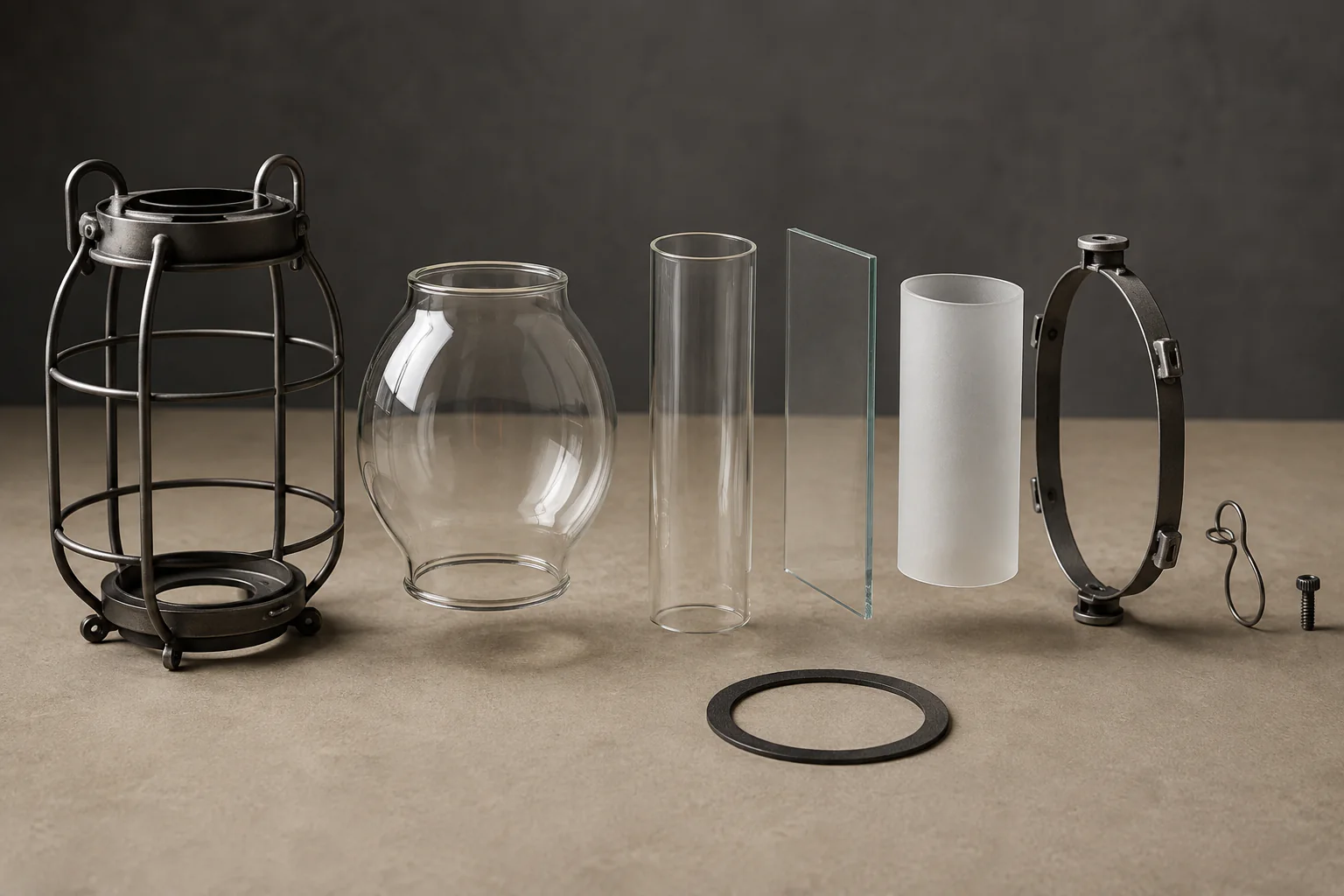 Exploded educational arrangement of lantern globe, chimney, flat panel, diffuser, frame, holder, and retainer