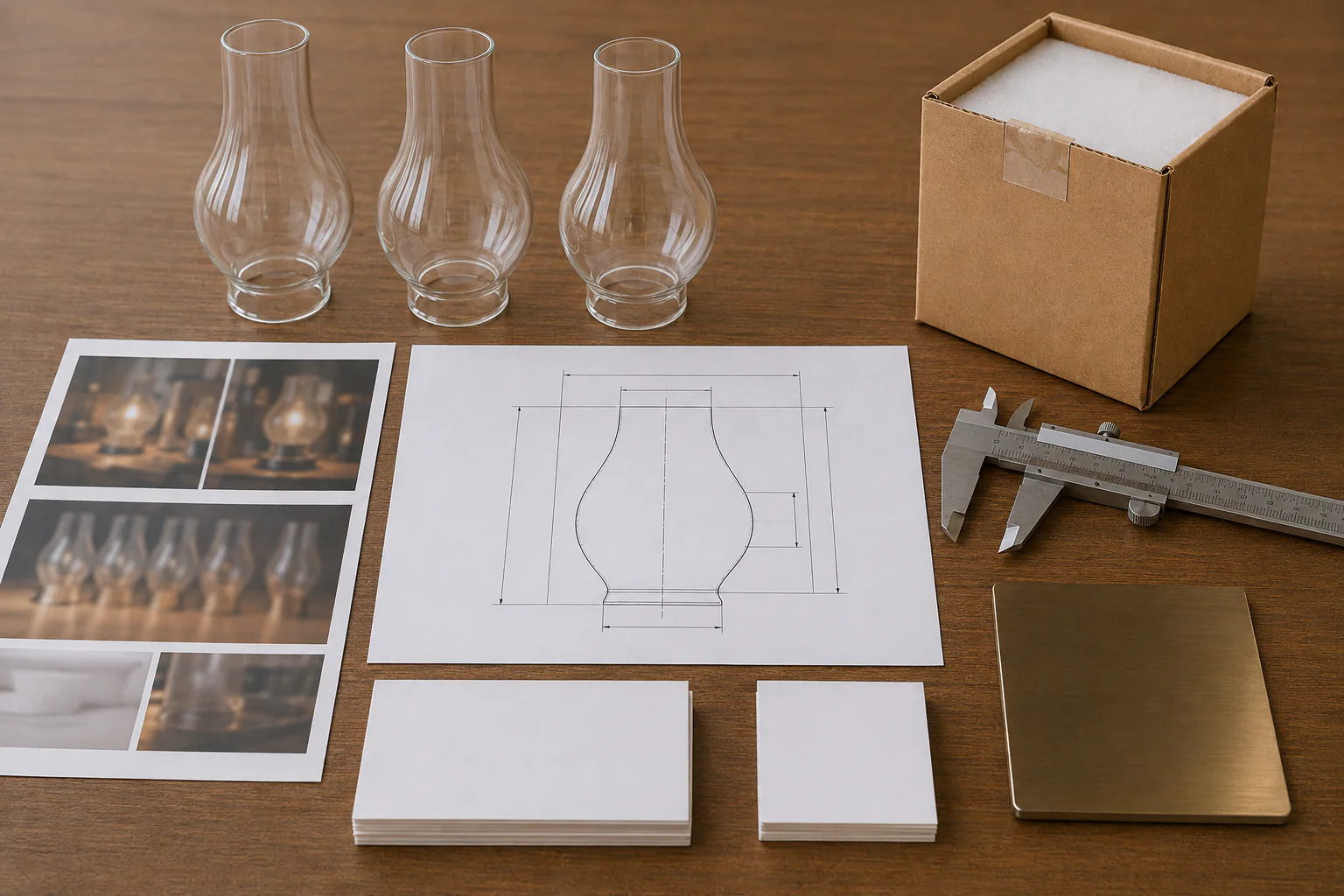 Complete lantern glass RFQ package with measured profile, reference pieces, photos, and protective cartons ready for supplier review
