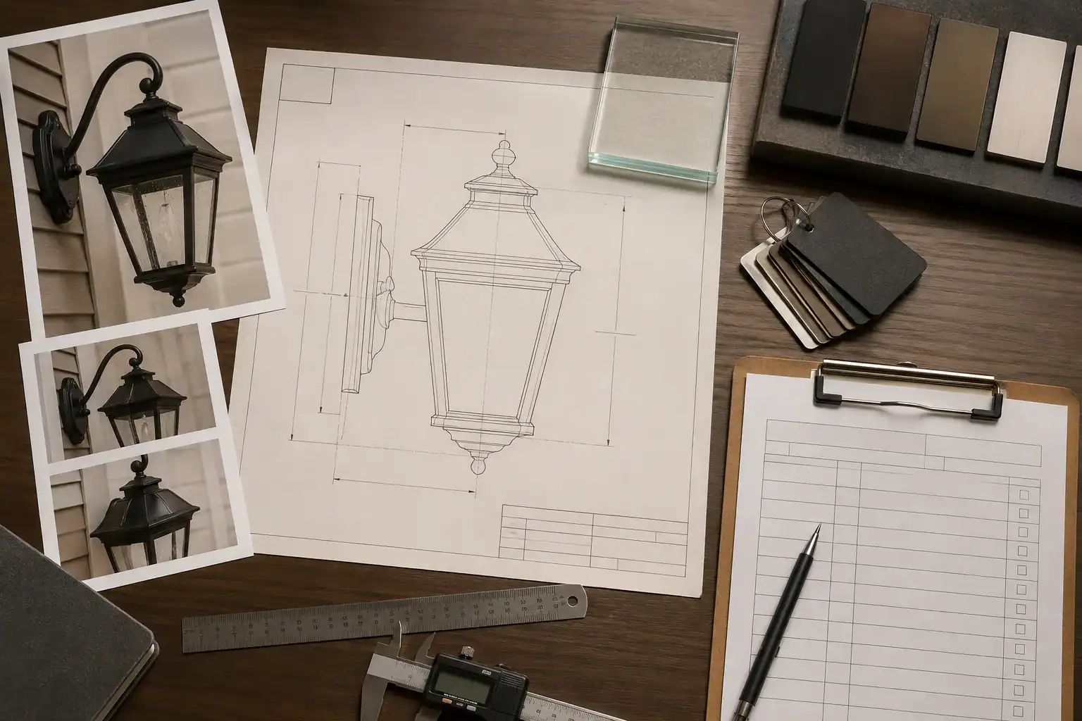 Design sketches and samples of glass lampshades for custom lighting solutions.