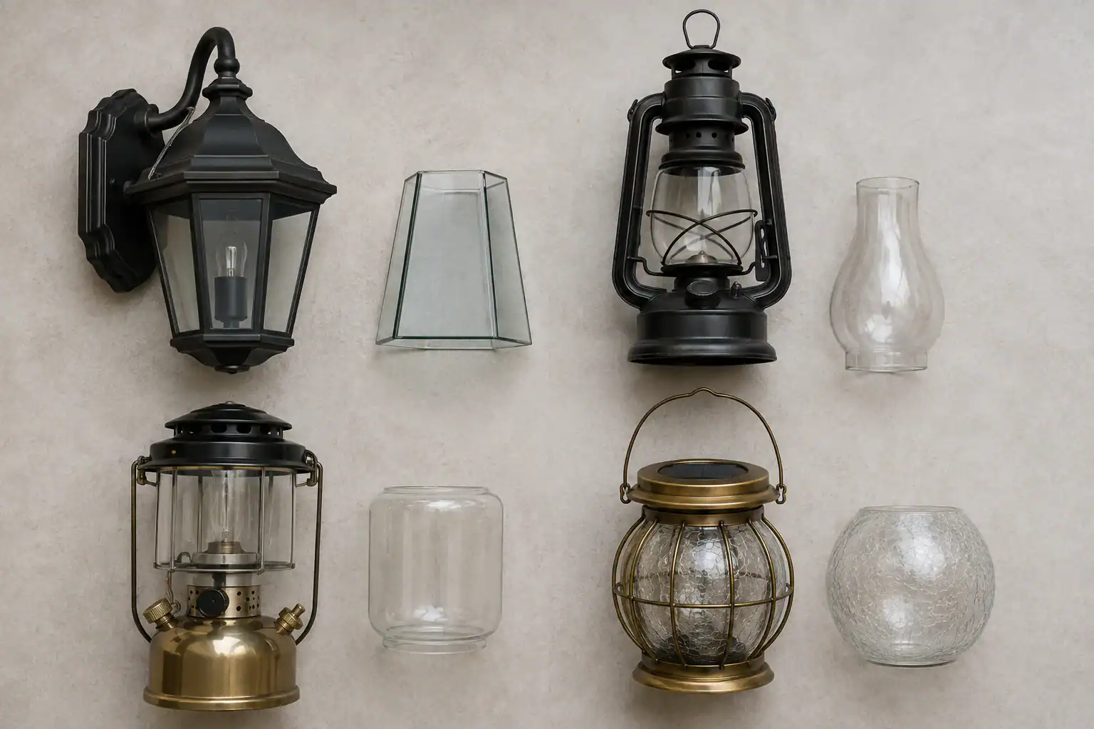Variety of glass lampshades and lanterns for lighting decor.