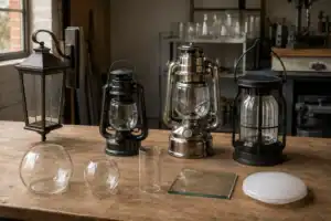 Collection of glass lampshades and lanterns for home decor and lighting.