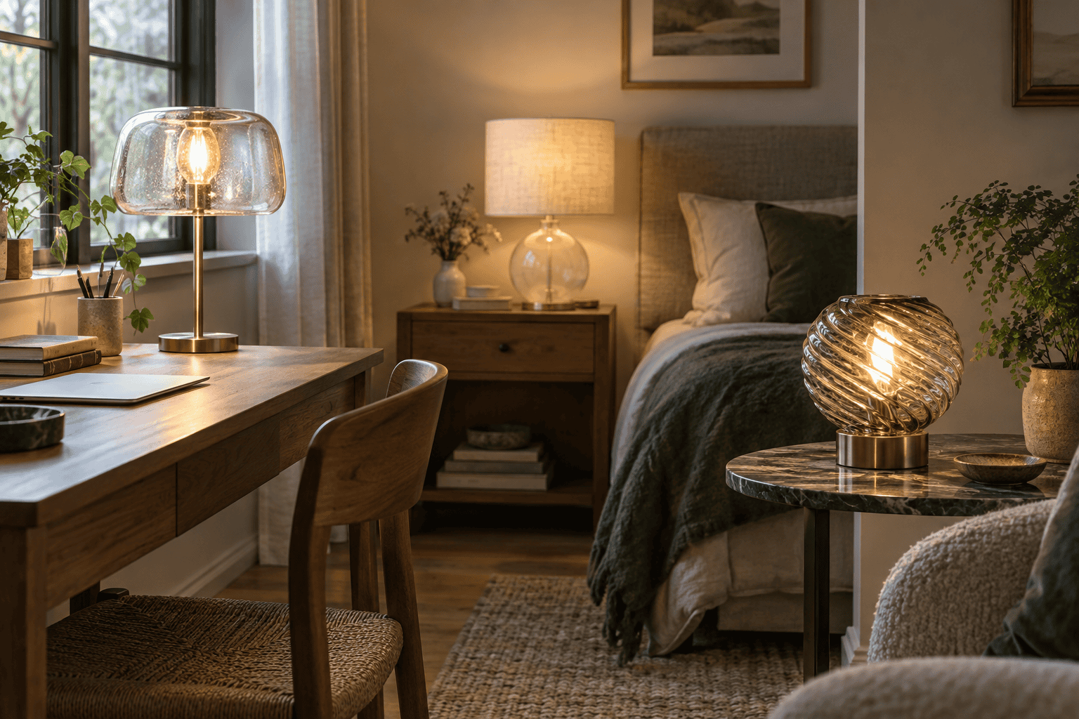Tre lampade da tavolo in vetro senza marchio che utilizzano paralumi diversi per comodino, scrivania e applicazioni decorative