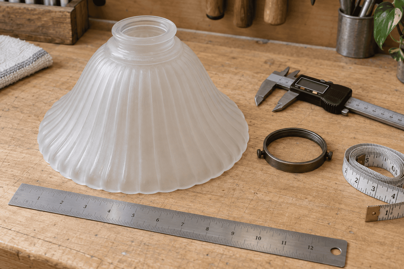Paralume in vetro senza marchio per lampada da tavolo accanto a righello in acciaio, calibro digitale, metro flessibile e anello di fissaggio