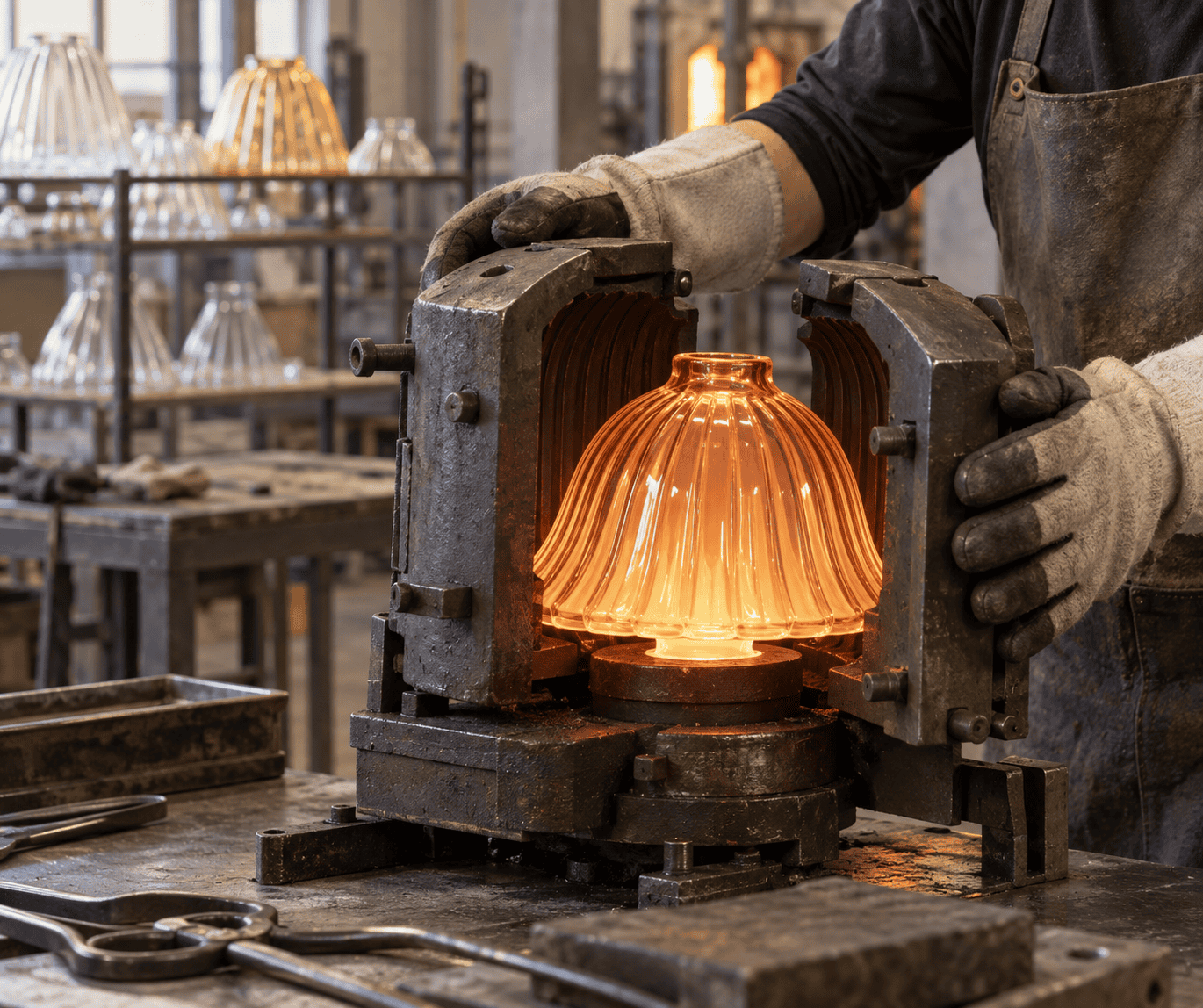 Operatore con guanti che chiude uno stampo metallico attorno al vetro caldo presso una postazione di formatura pulita